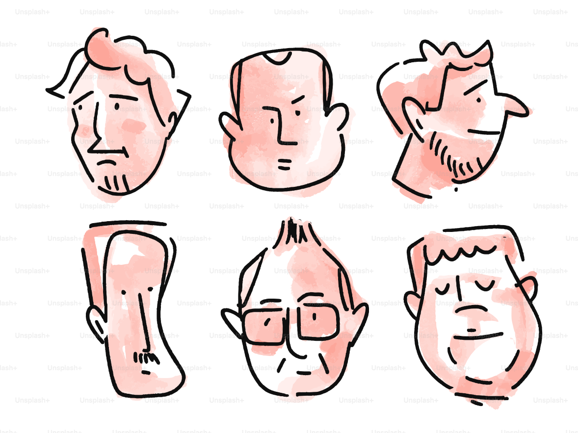 Six illustrated cartoon portraits with different expressions.