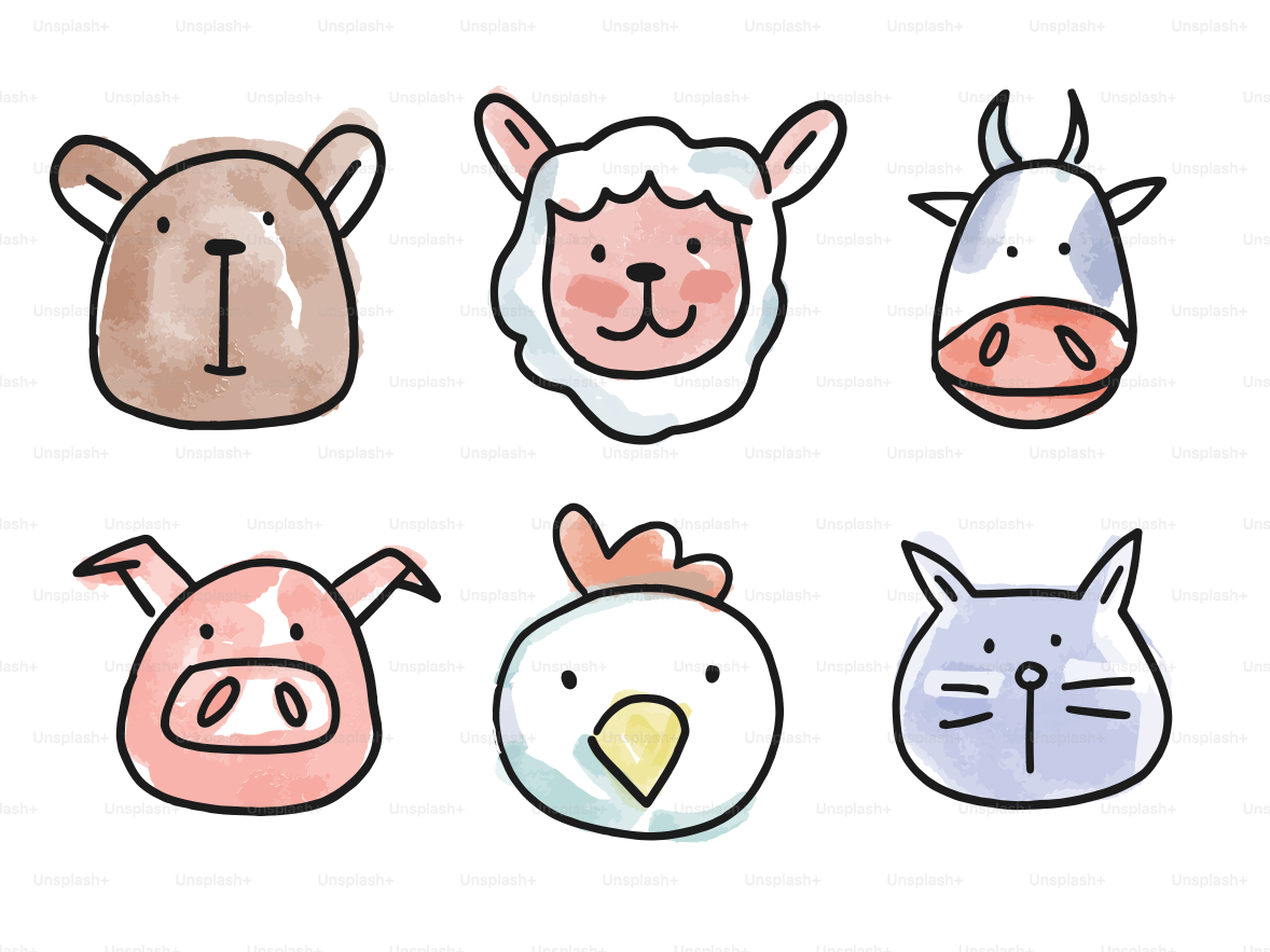 Six watercolor cartoon farm animal faces.