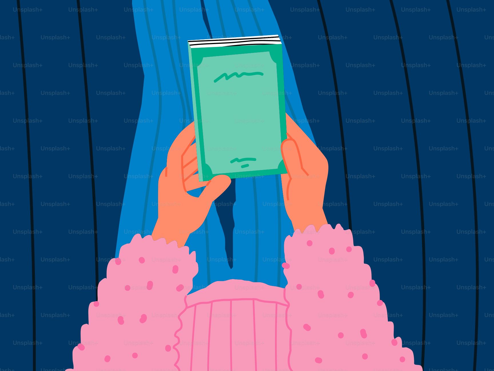 Des mains tiennent un livre devant un fond bleu.