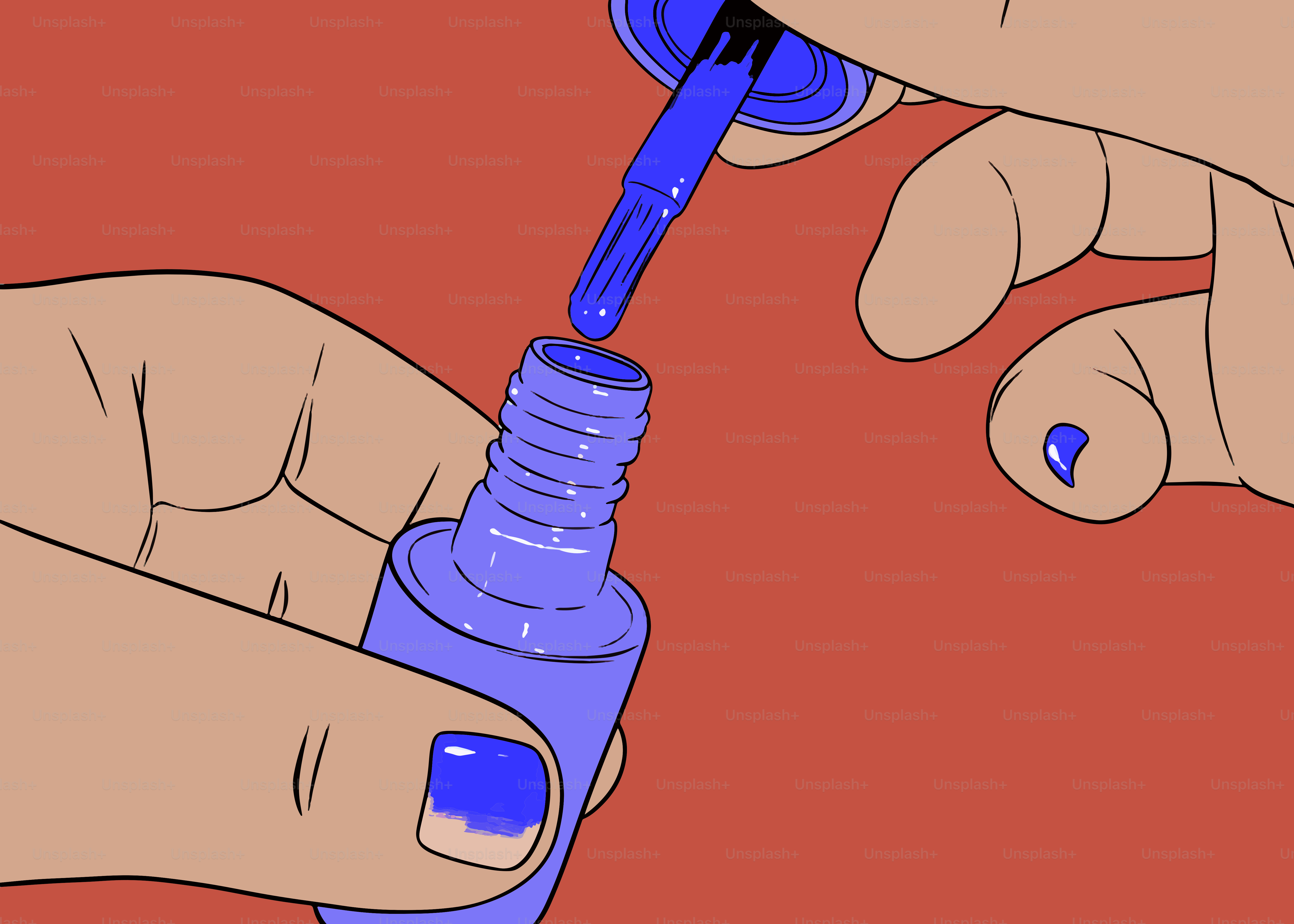 Applying blue nail polish to a nail.