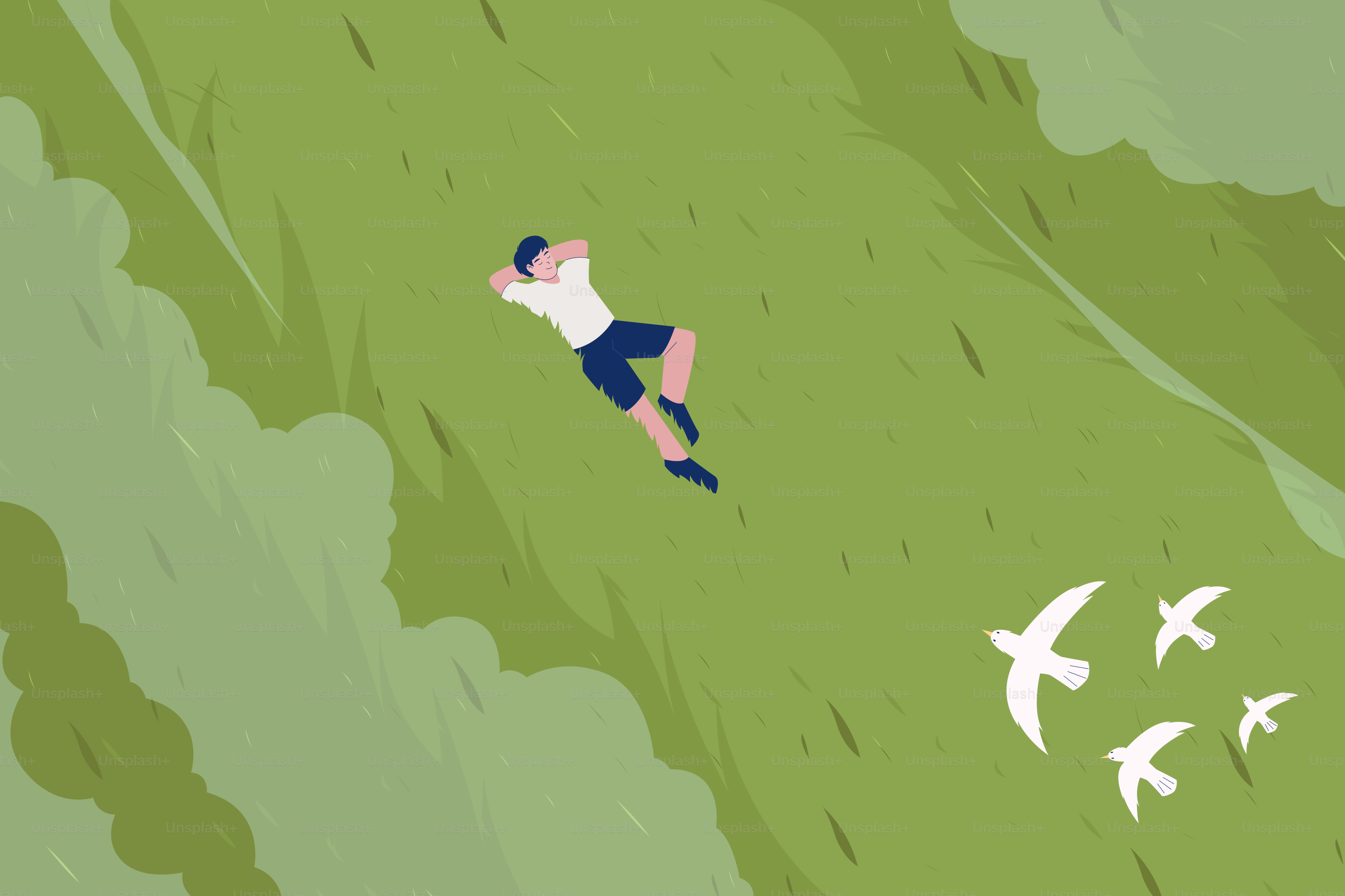 Una persona yace en un campo, con pájaros volando alrededor.
