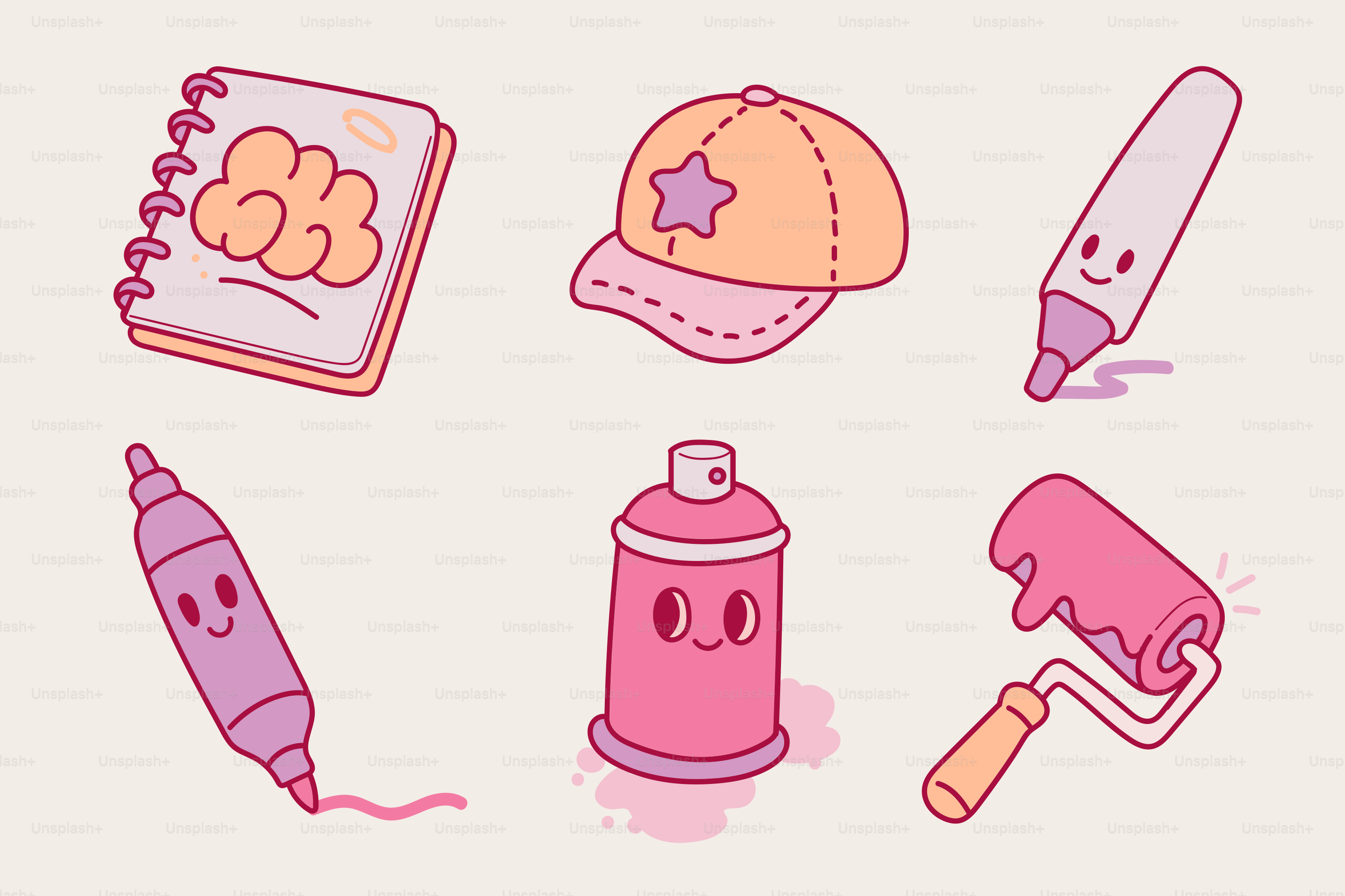 Kunstmaterialien, darunter ein Notizbuch, Hut und Marker.