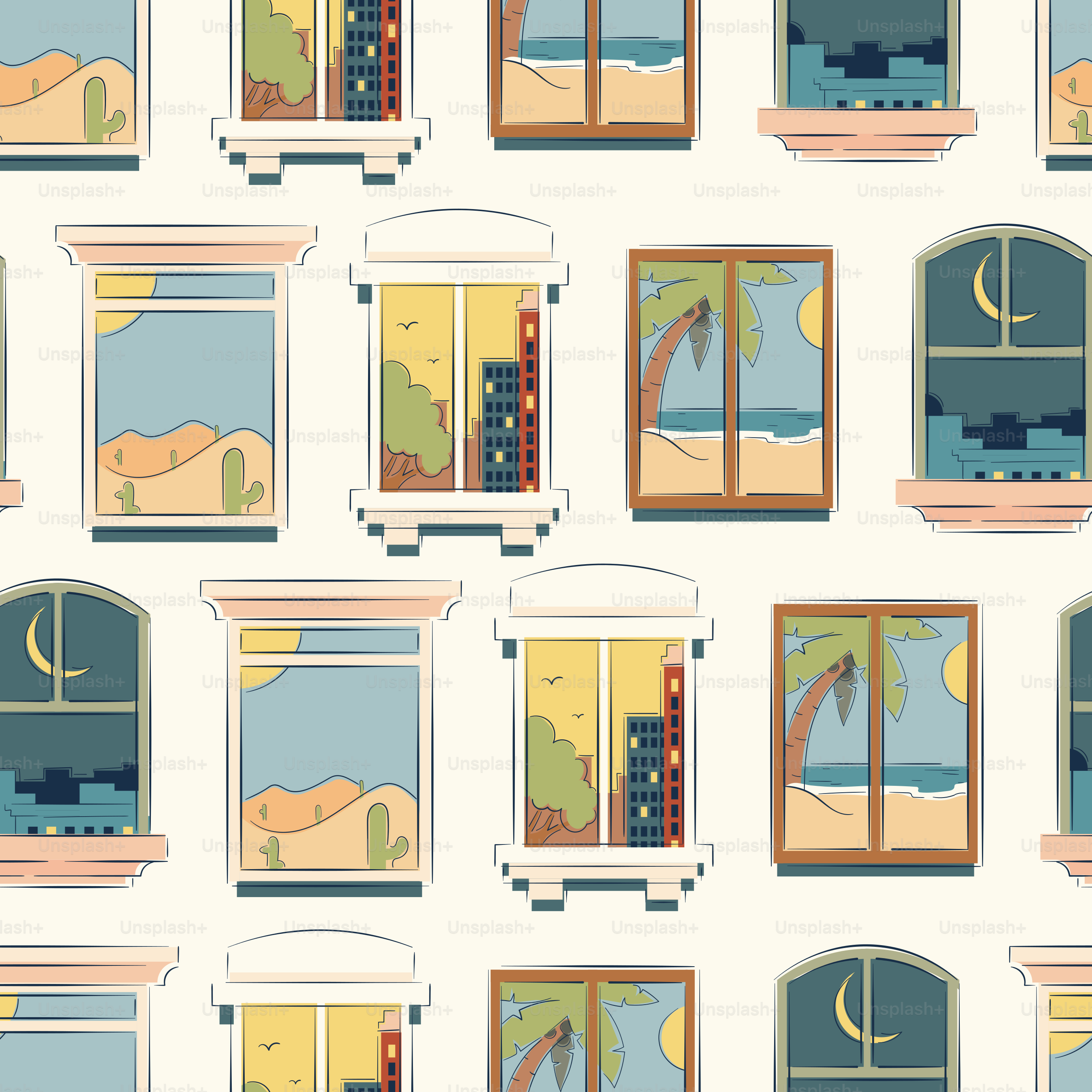 Windows with different views form a pattern.