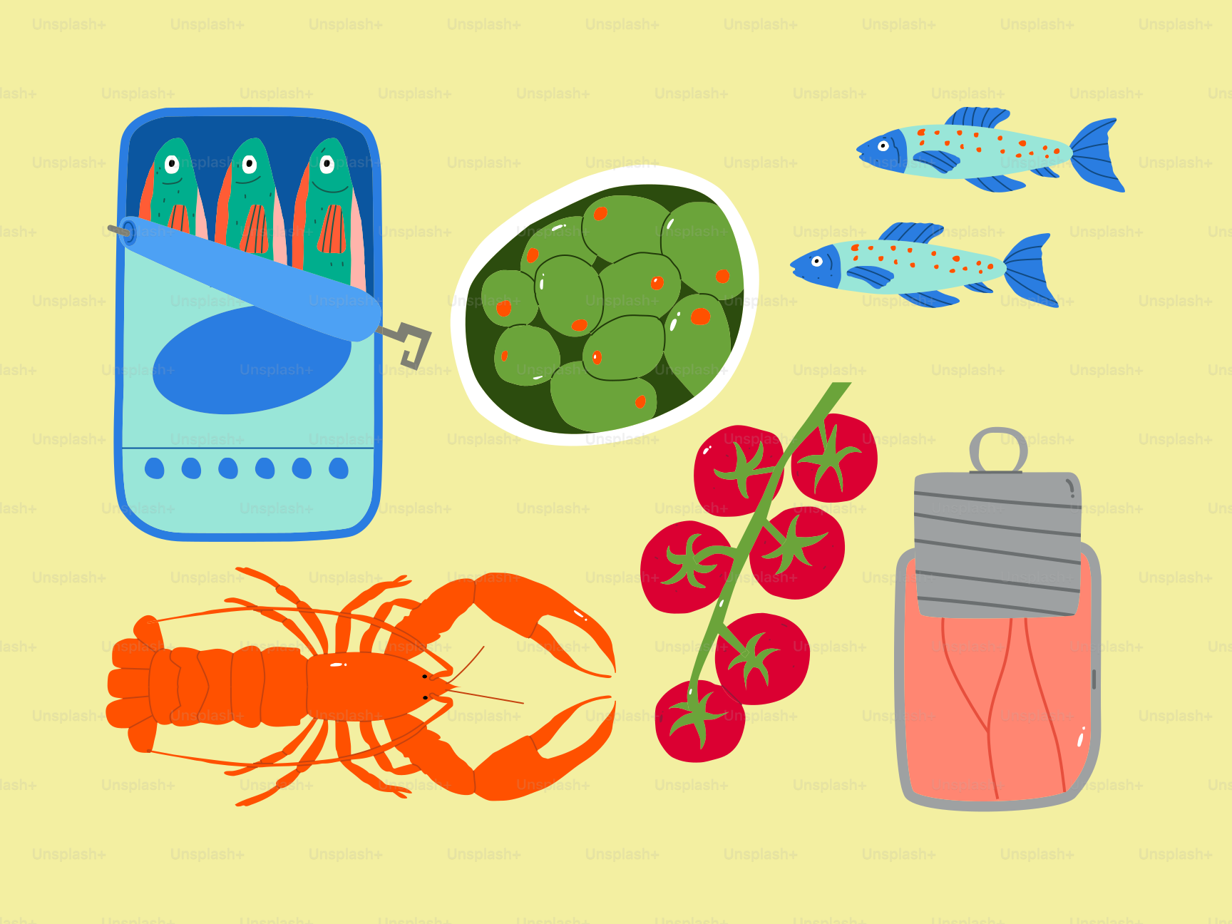 Fruits de mer, olives et tomates ; prêt à consommer.