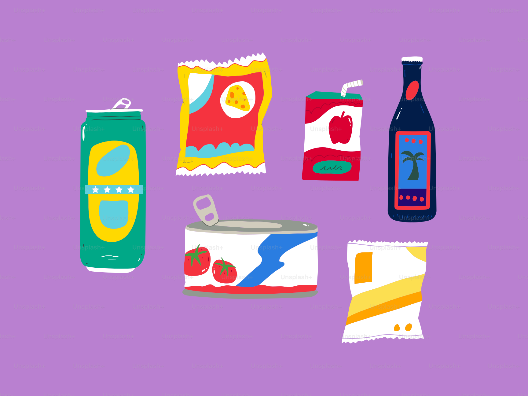 Various food items and beverages are illustrated on purple.