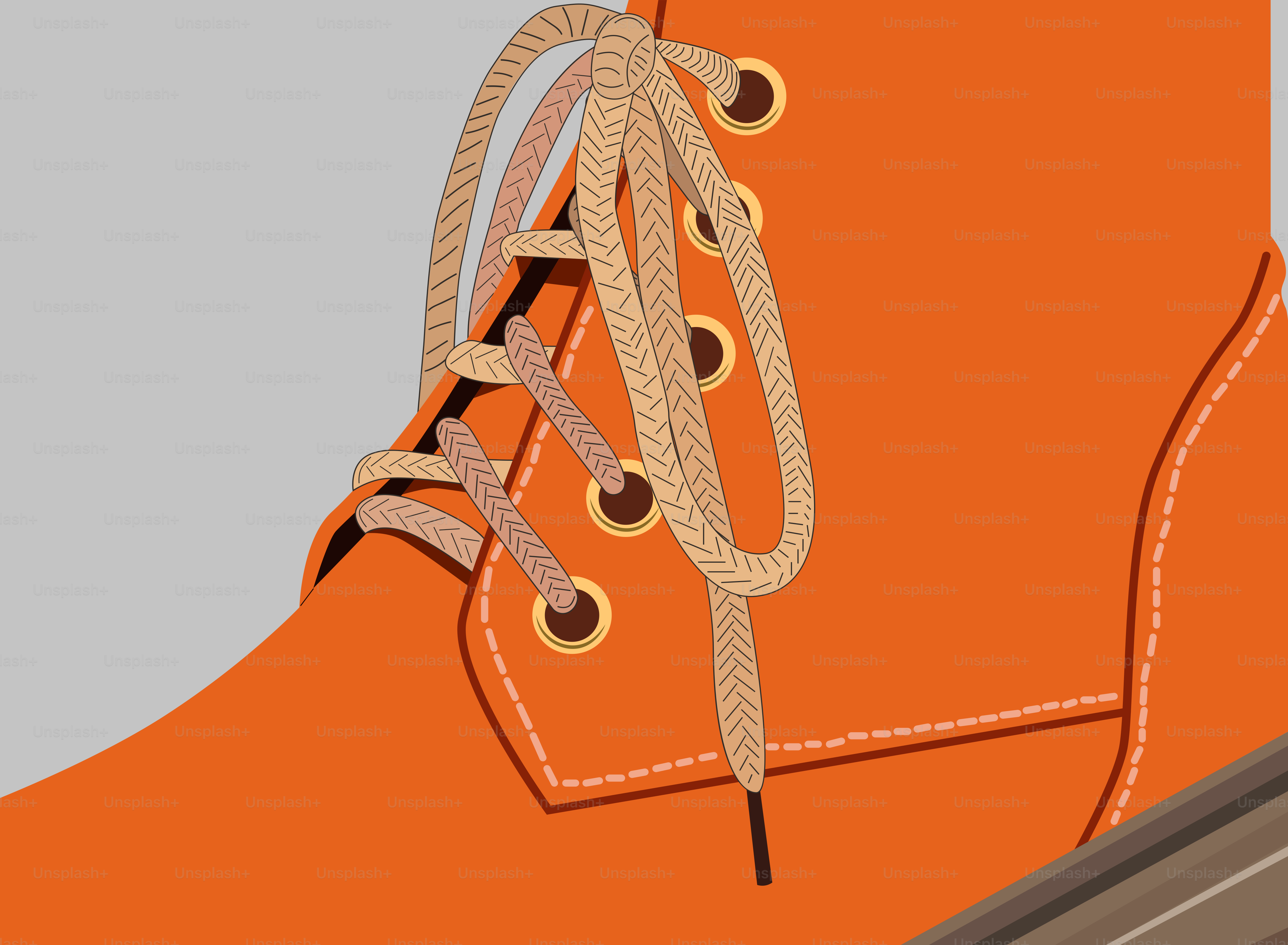 Orange boot with tied shoelaces.