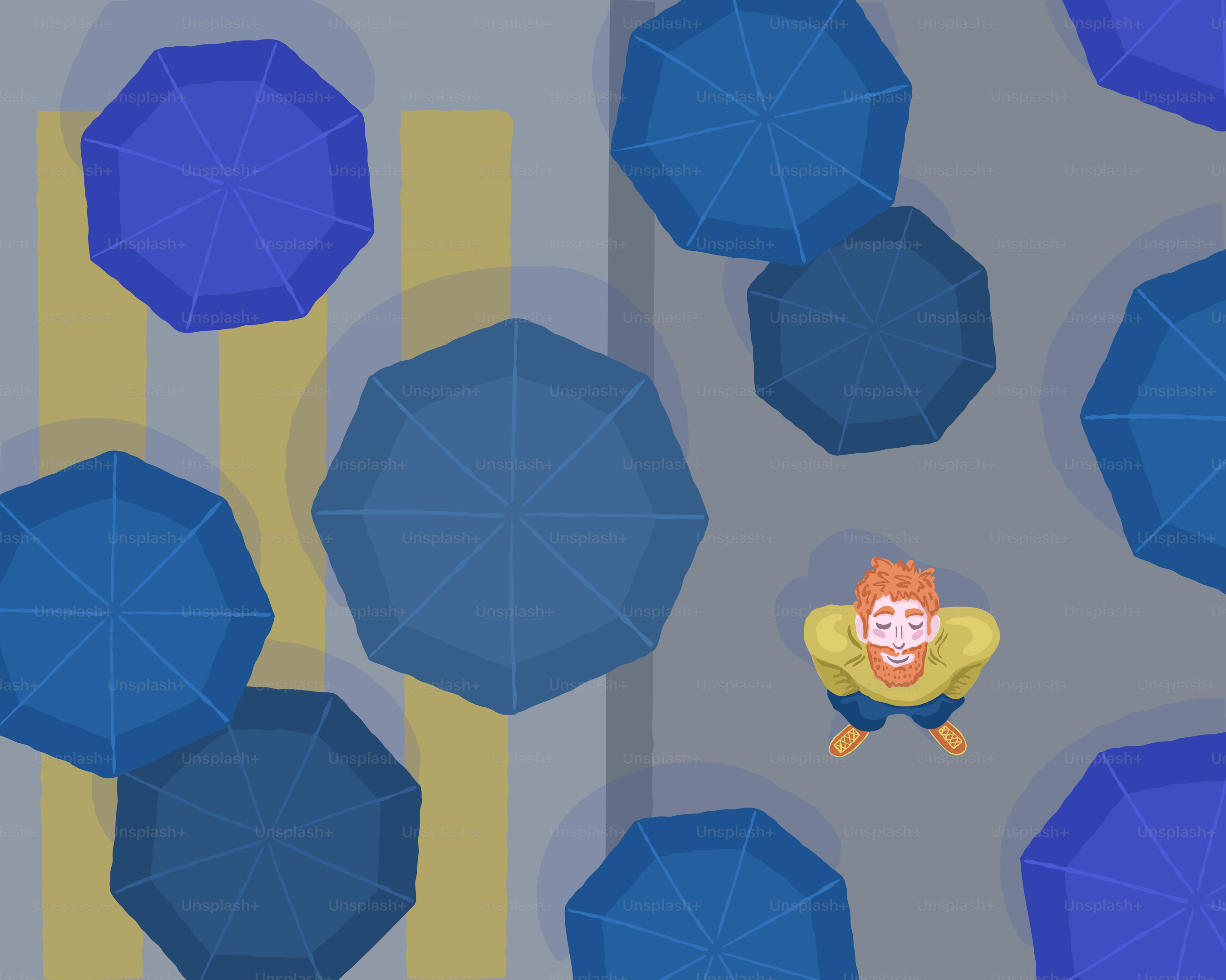 A man stands in the rain with umbrellas.