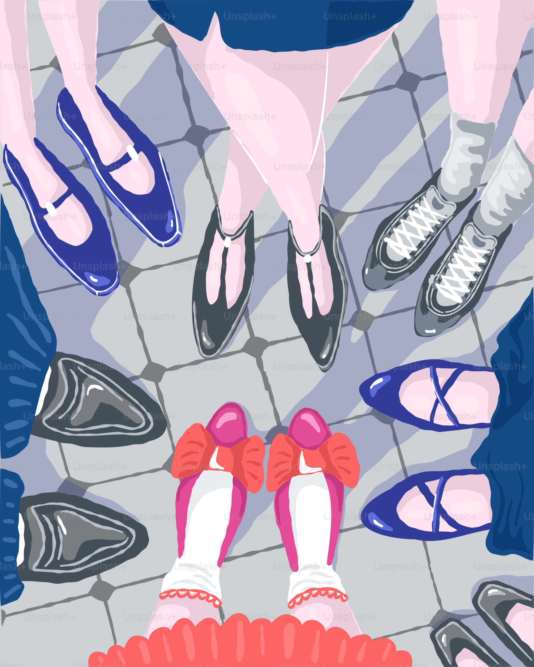 Feet in various shoes standing on a tiled floor.