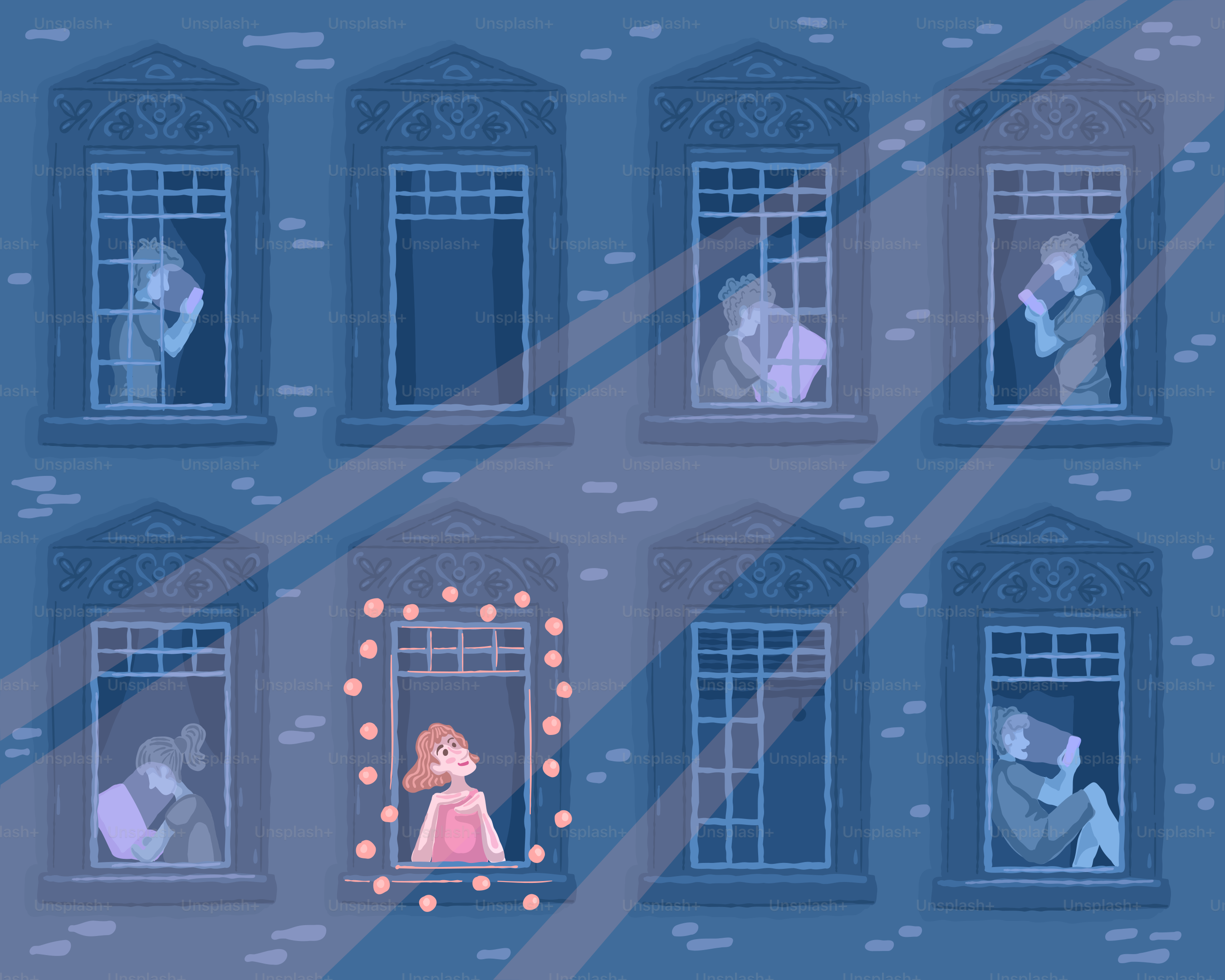 People are seen in lit windows at night.