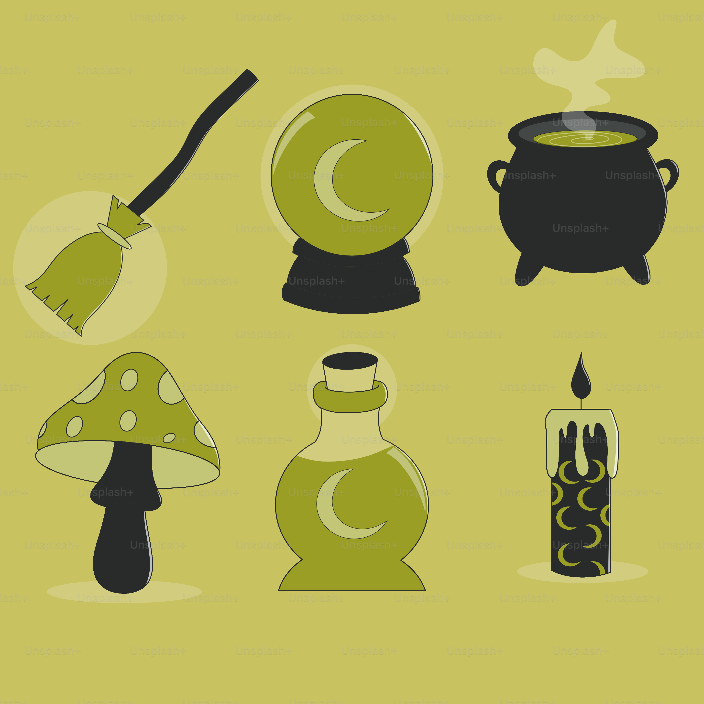 Icone streghe di una scopa, un calderone e altro ancora.