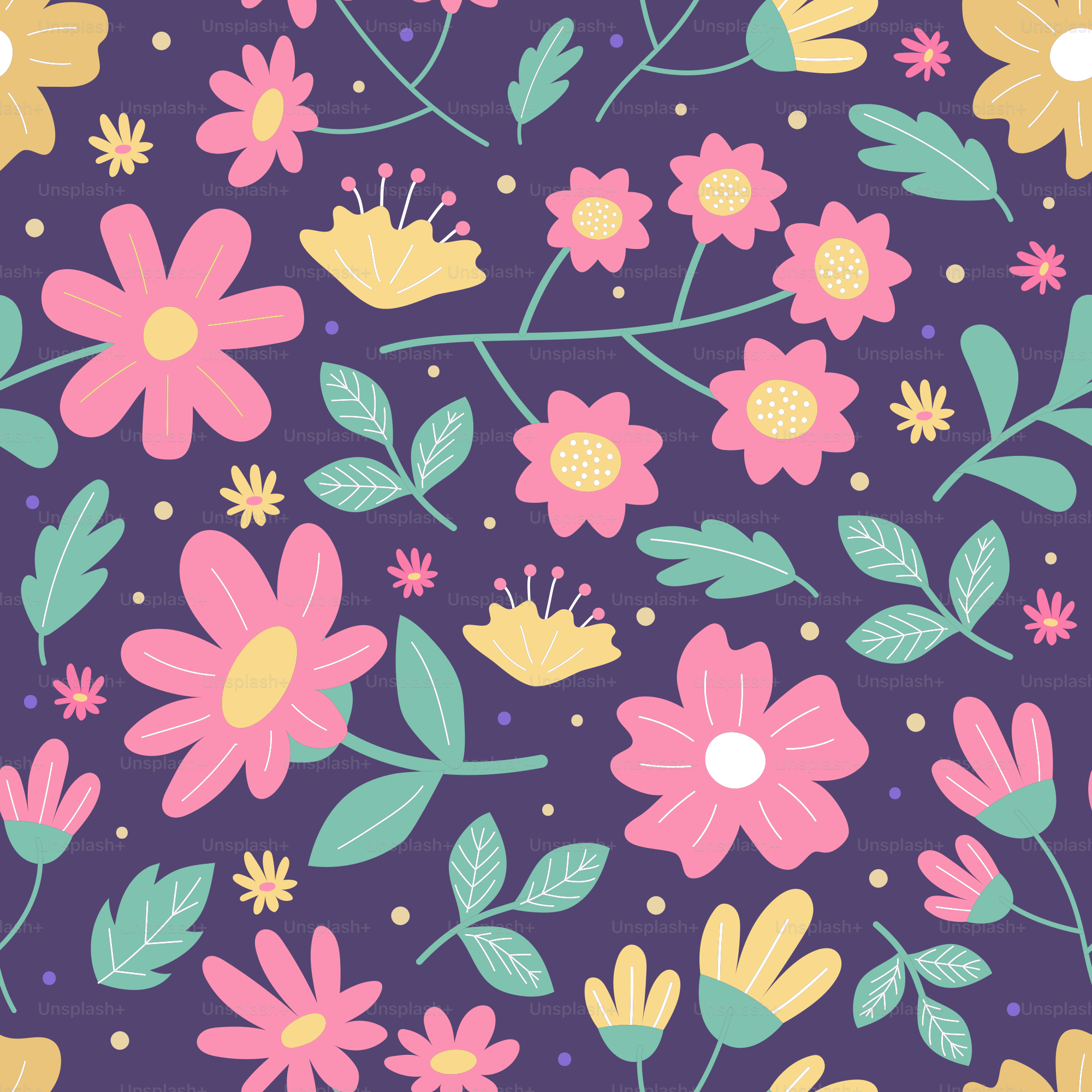 A colorful, seamless pattern featuring flowers and leaves.