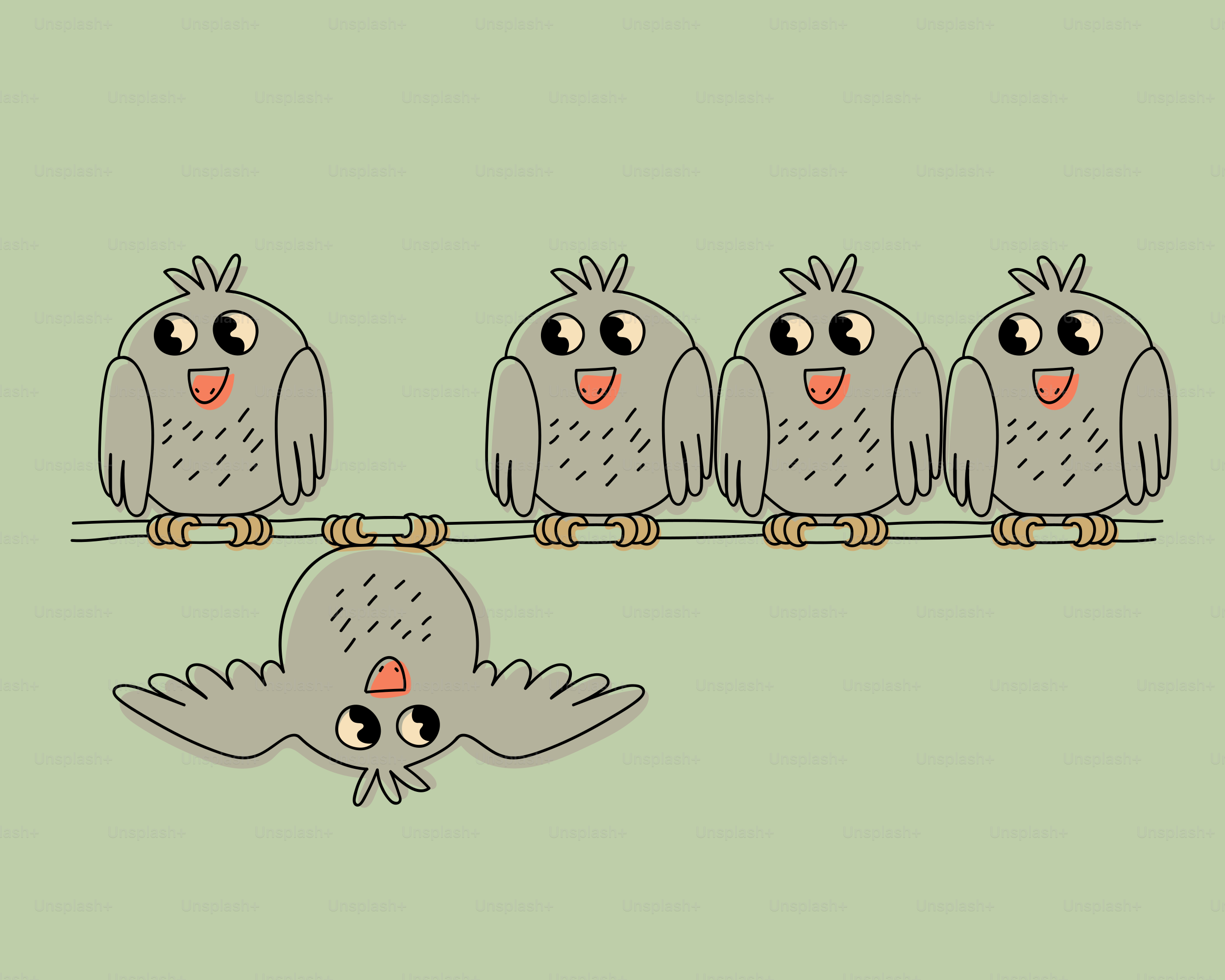 Five birds are perched on a line.