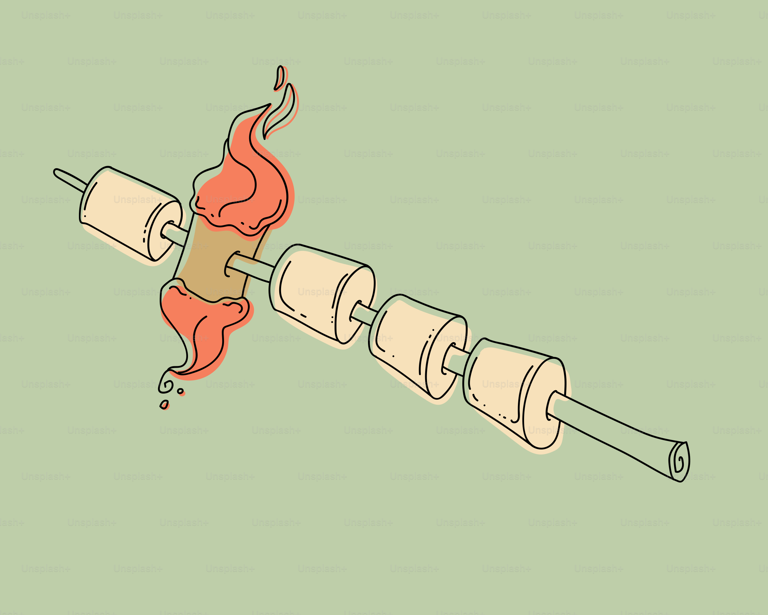 Marshmallows and hot dog roasting over fire.