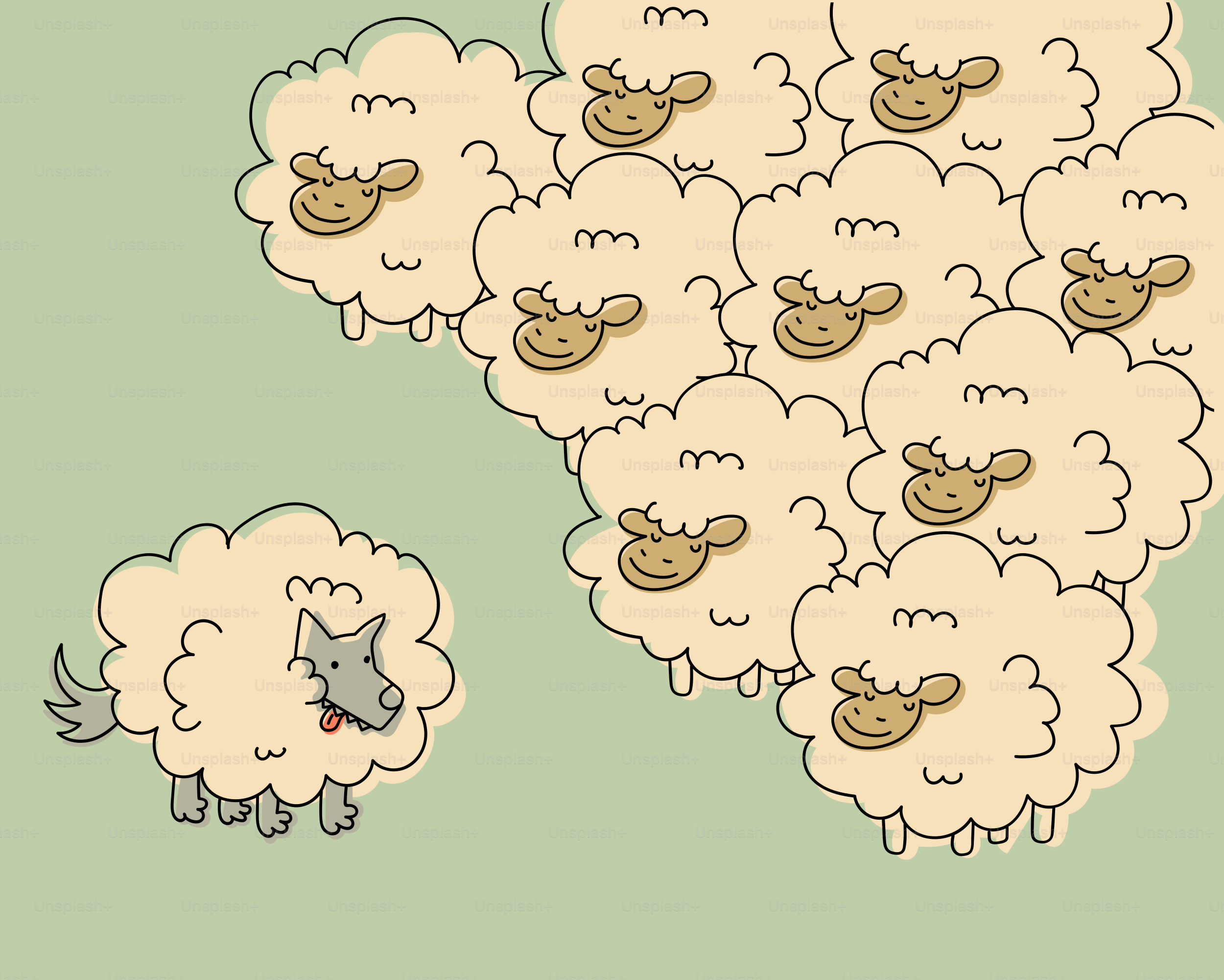 Un lobo con piel de oveja entre el rebaño.