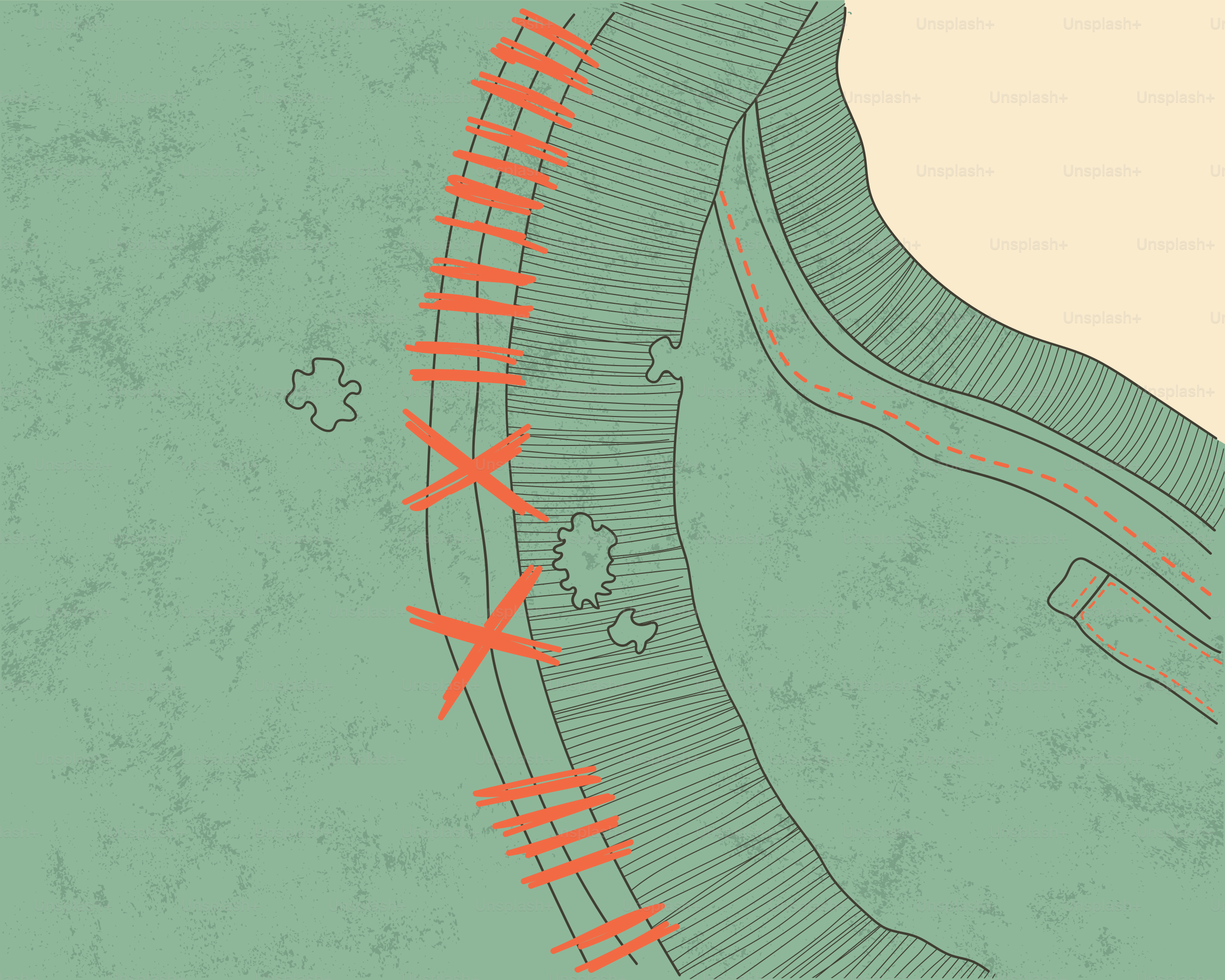 Diagramm einer Eisenbahnstrecke mit durchgestrichenen Abschnitten.