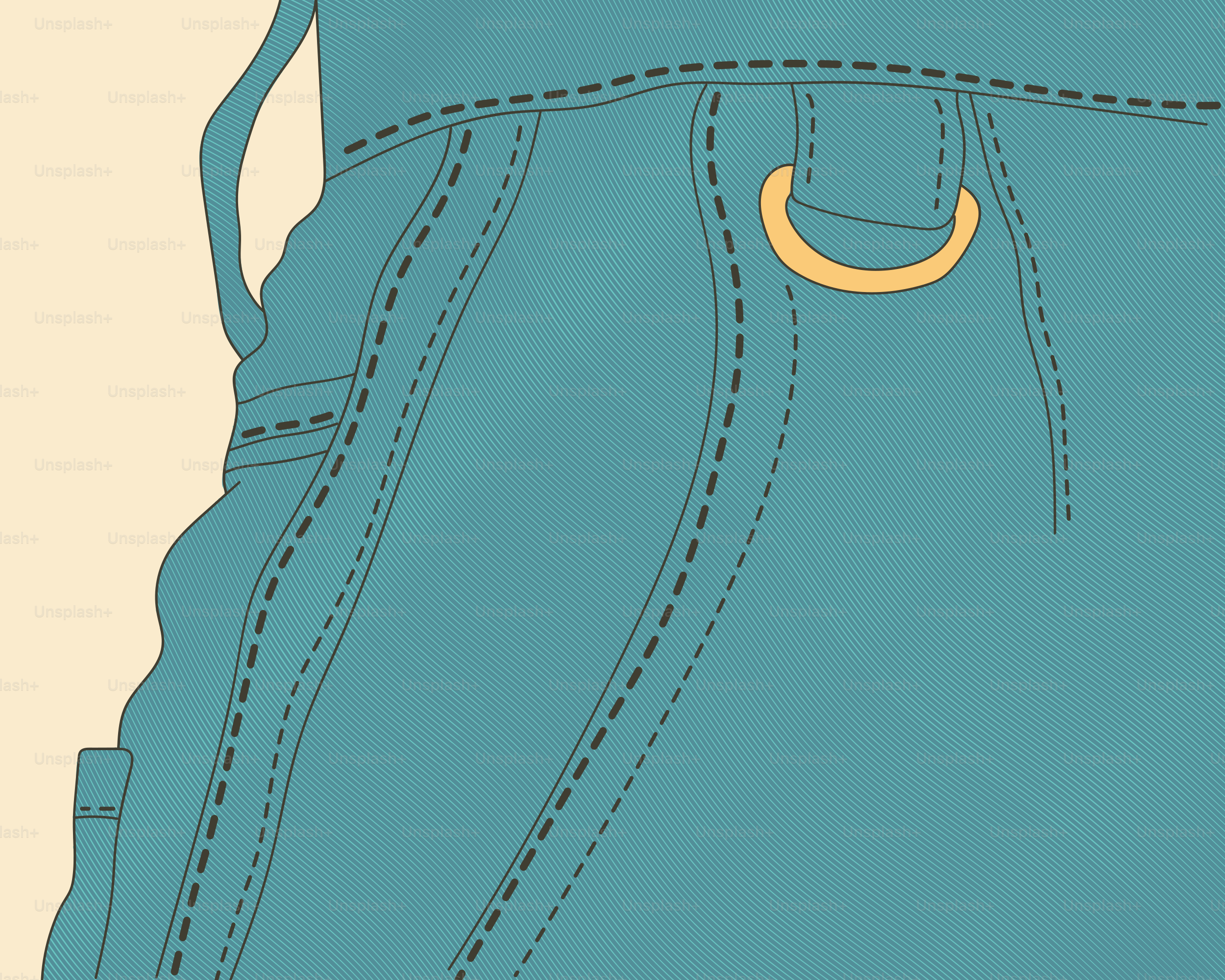 Eine Nahaufnahme zeigt Jeans-Taschen und einen goldenen Ring.