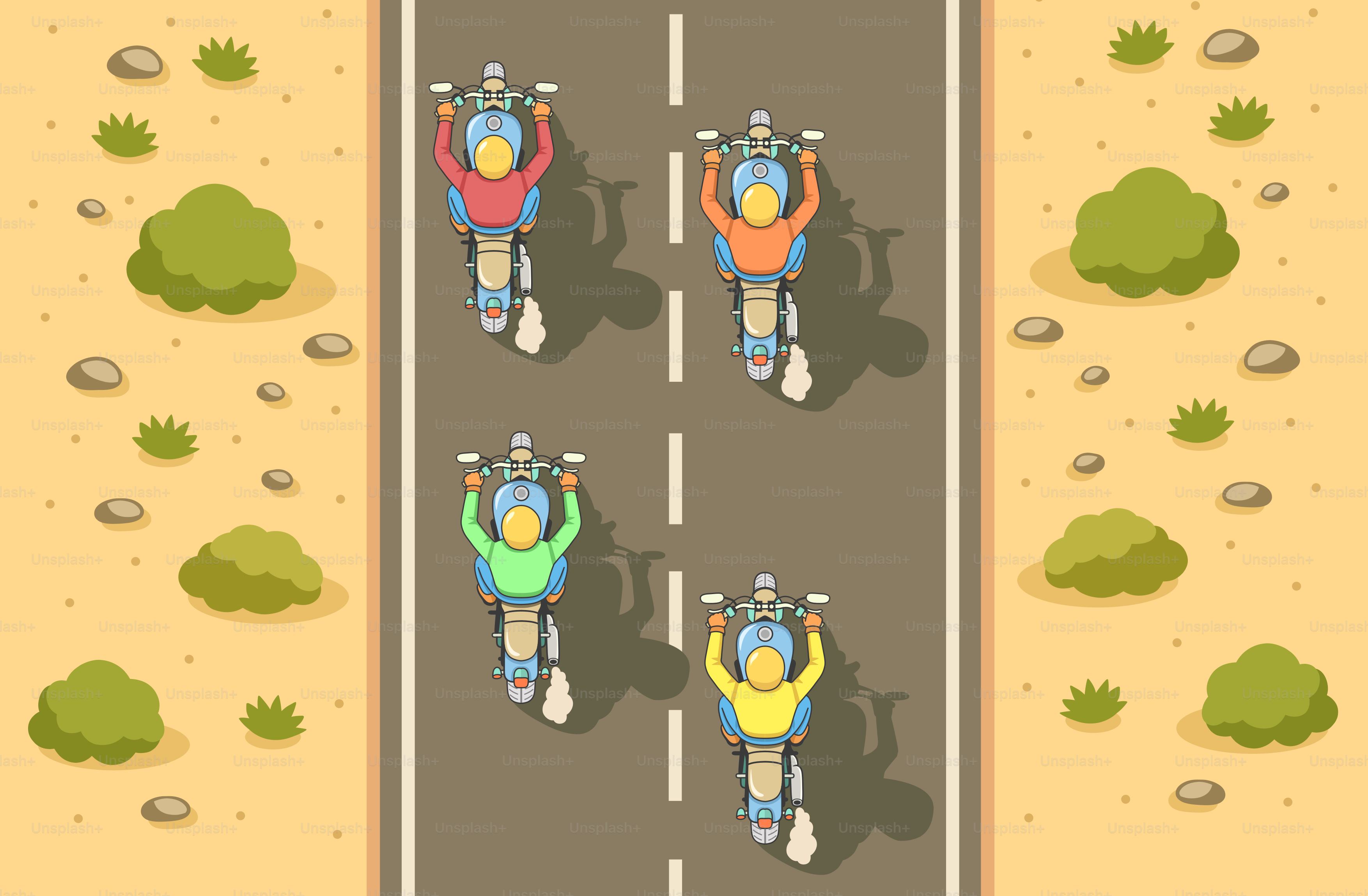 Four motorcyclists race down a road.