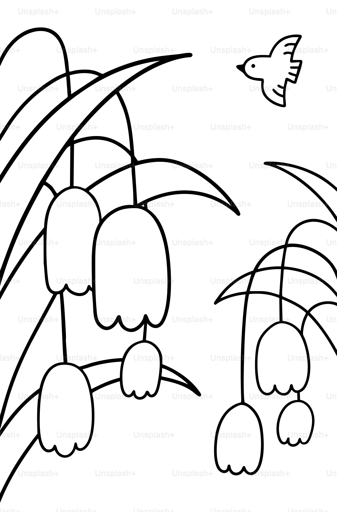 Des fleurs et un oiseau sont représentés en noir et blanc.