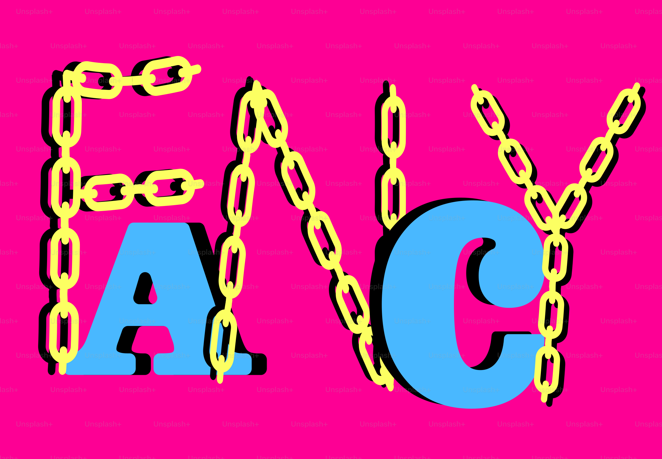 Die Buchstaben sind mit Ketten verbunden.