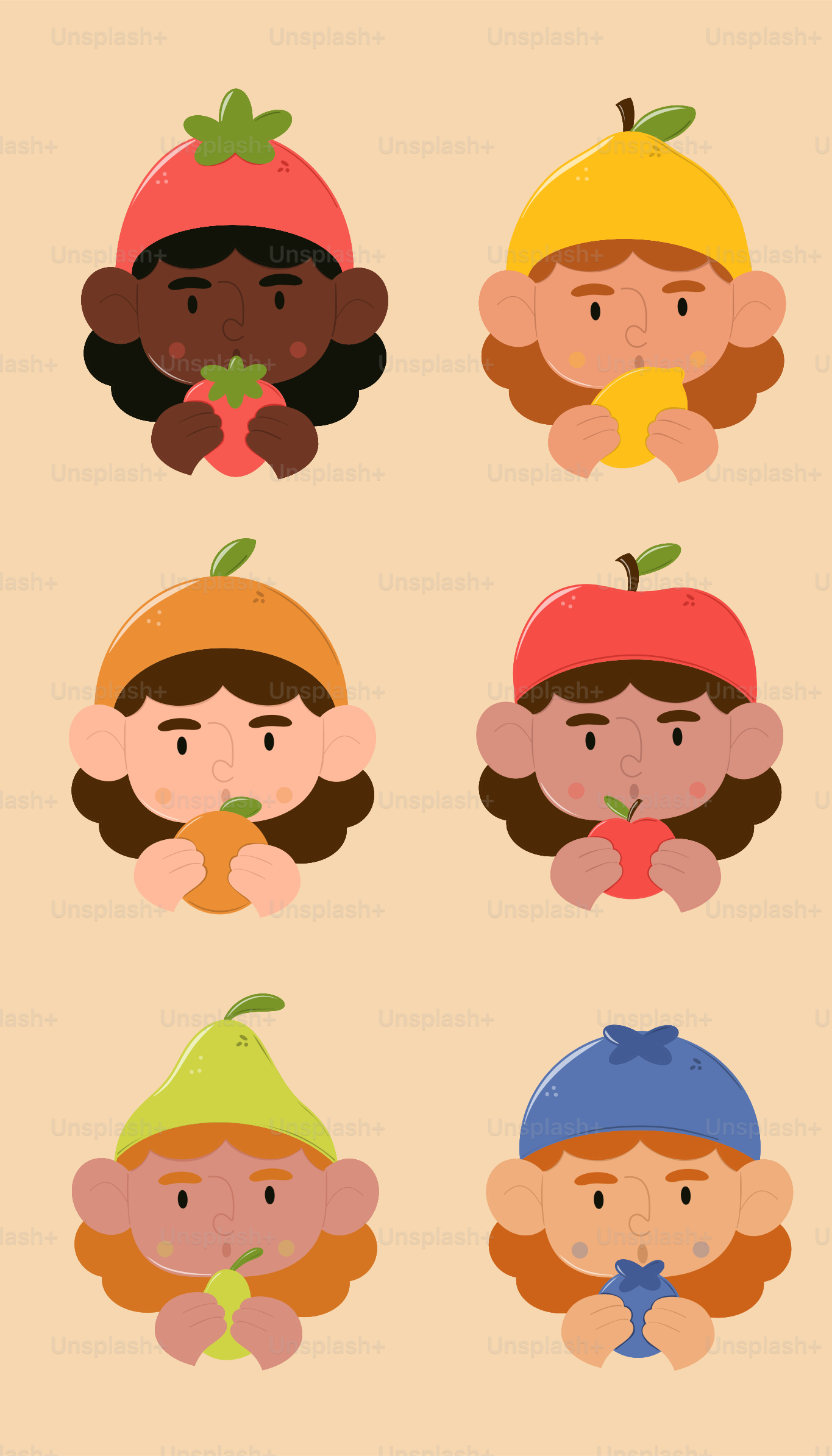 Cute characters wearing fruit hats and holding the same fruit.