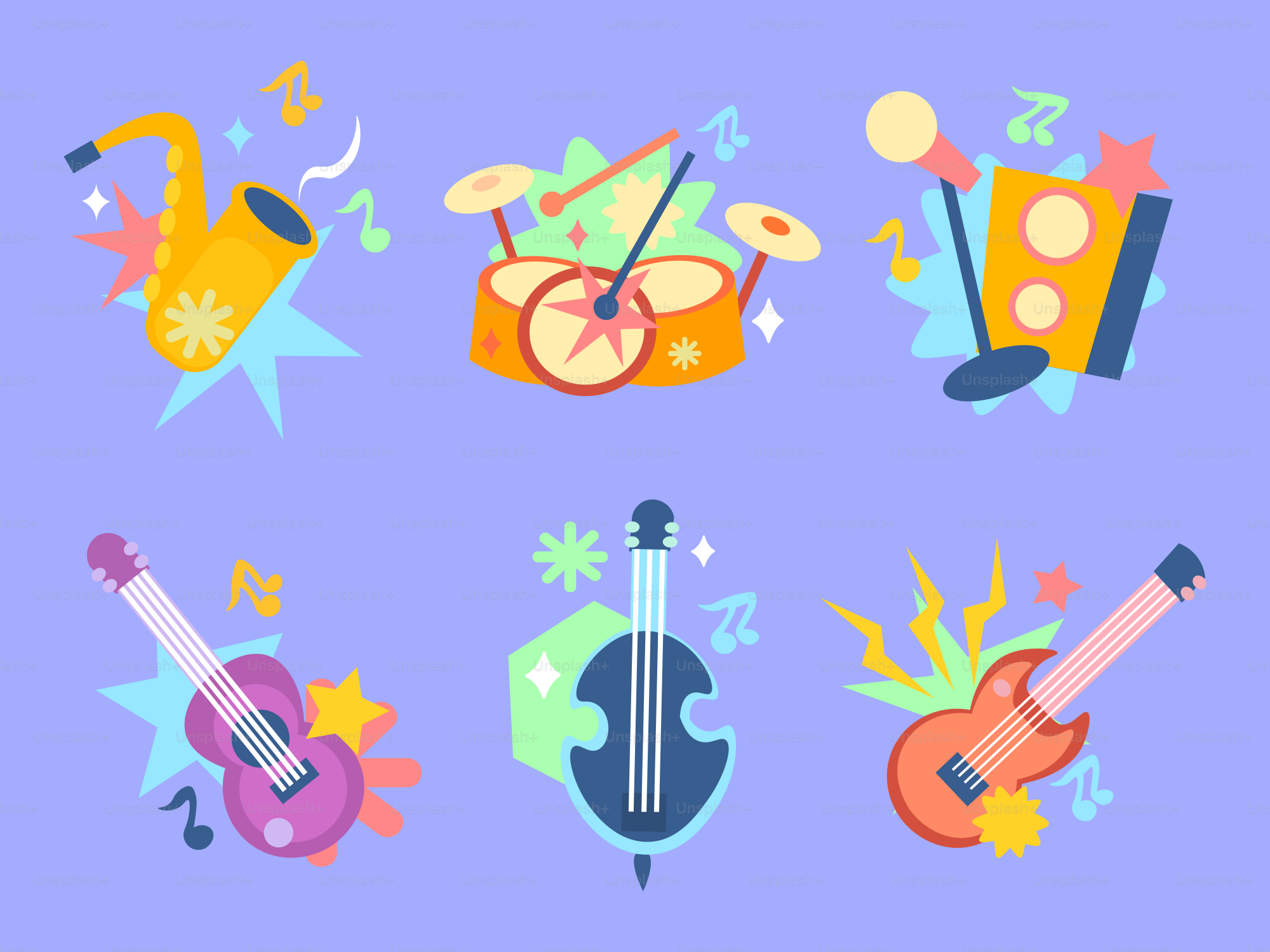 Musikinstrumente, einschließlich Schlagzeug und Gitarren.