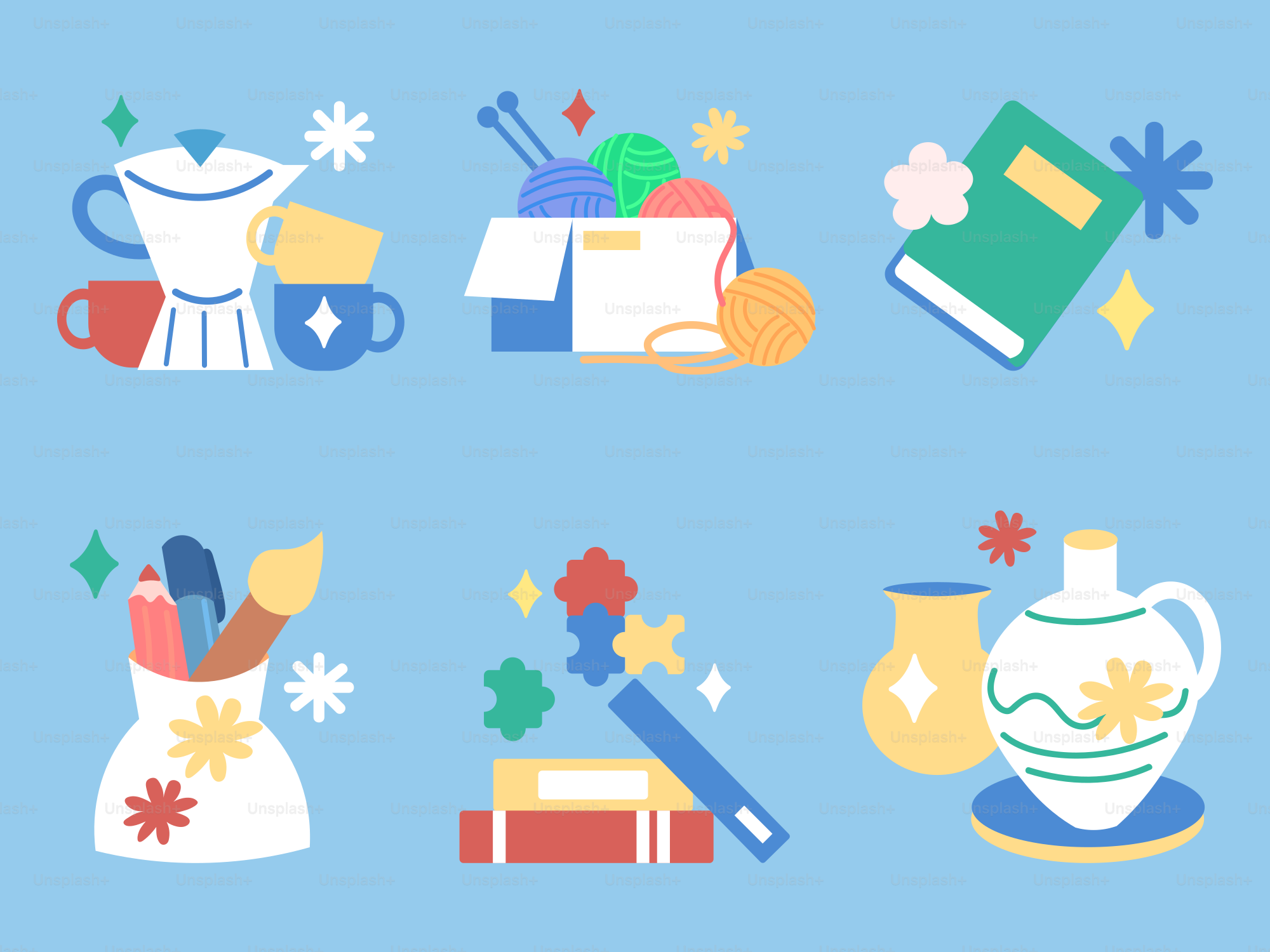 Various arts and crafts icons on a blue background.