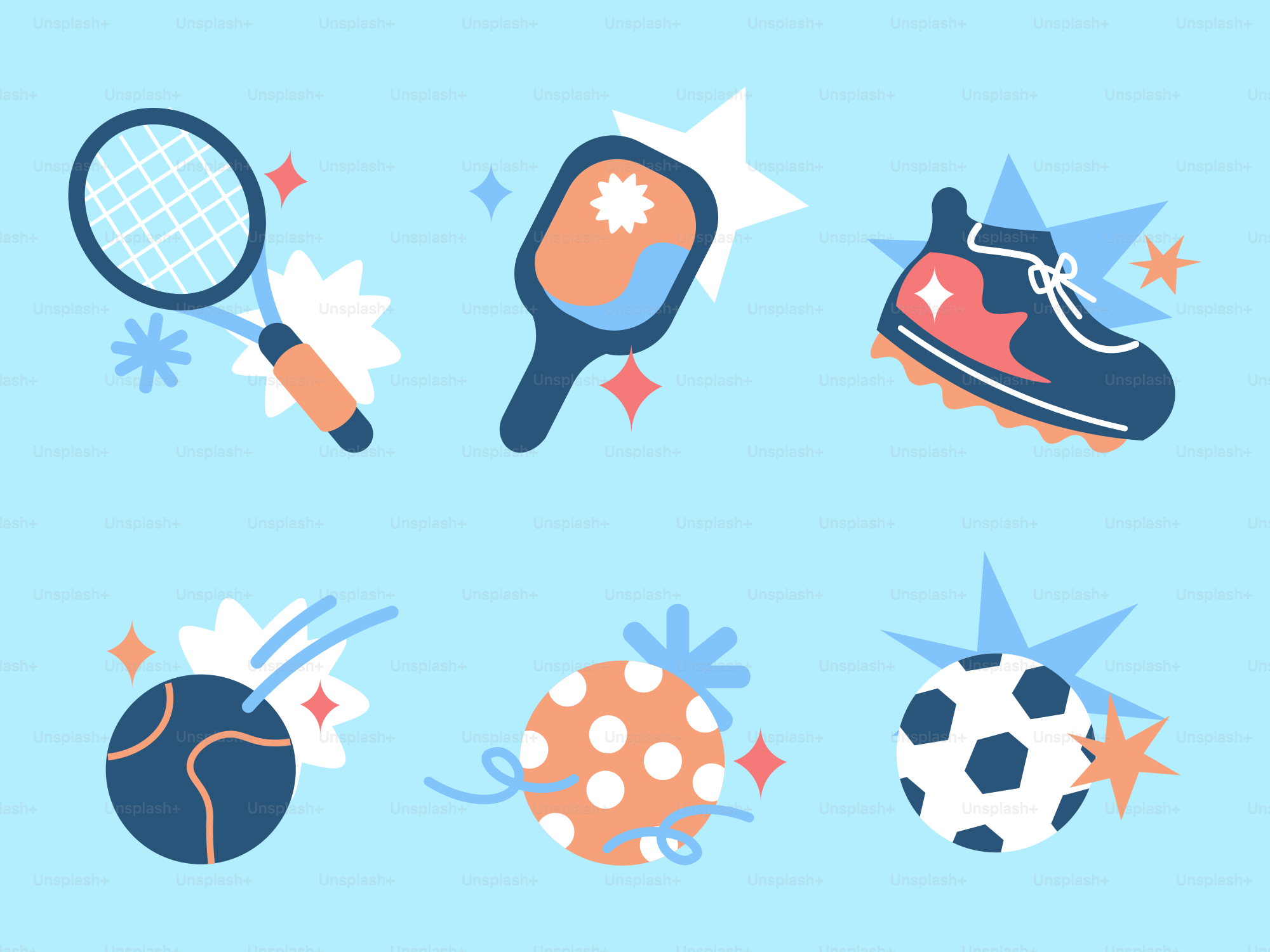 Various sports equipment displayed on a blue background.