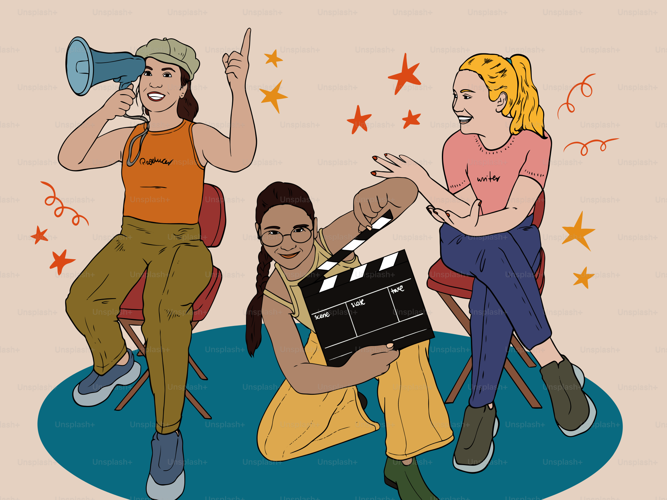 Three filmmakers ready to direct a movie.