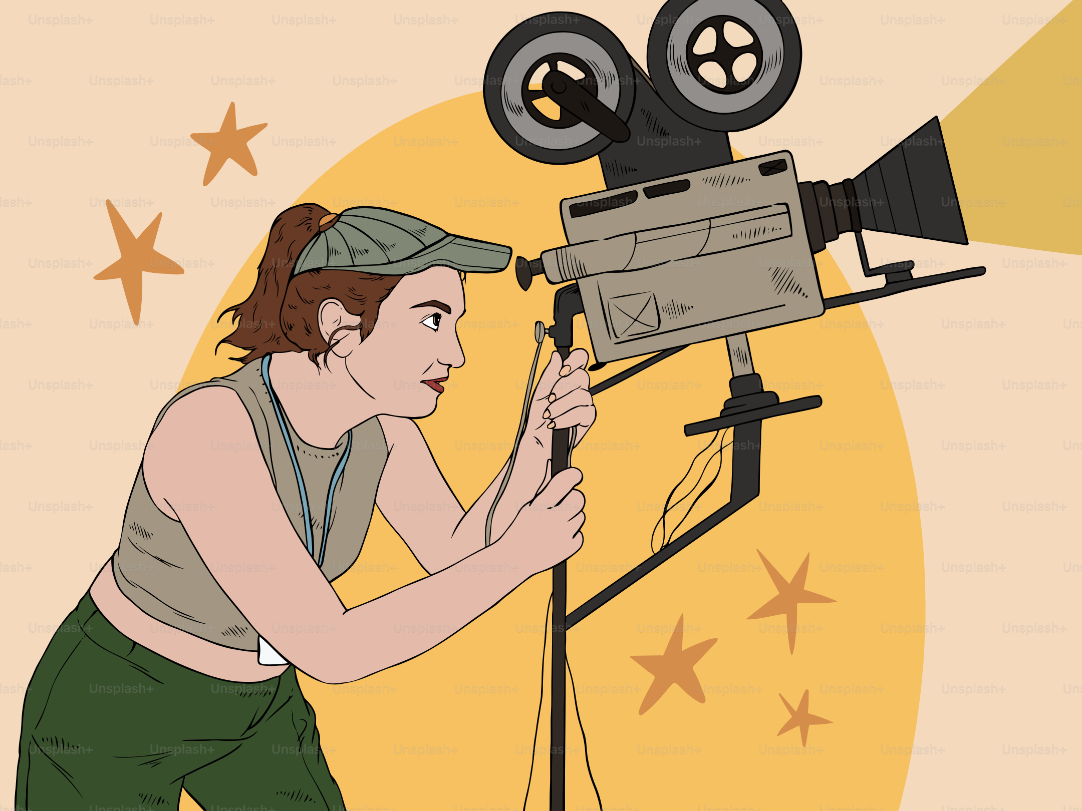 Woman operates a vintage camera, filming a movie.
