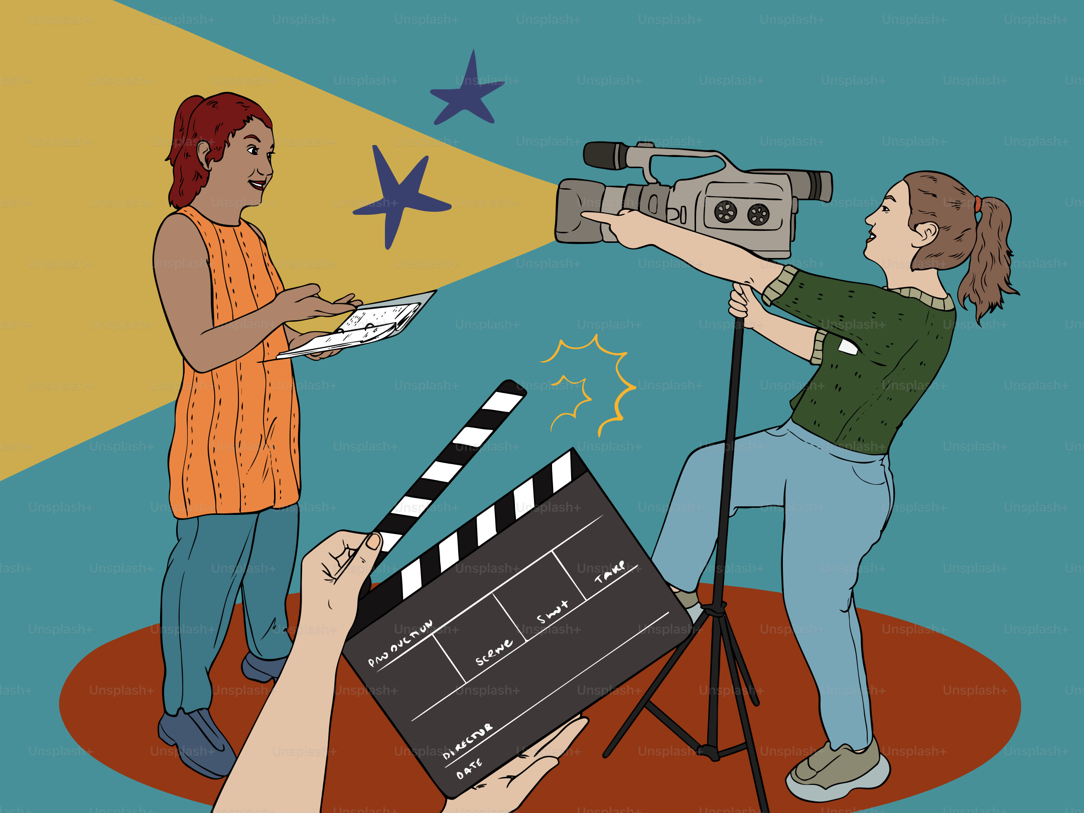 Filming a movie with people working on set.