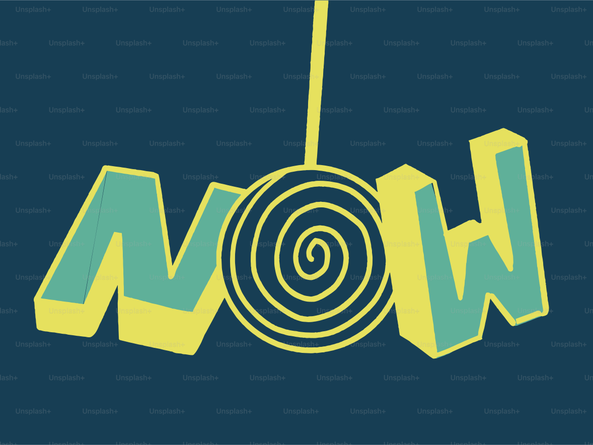 The word "now" has a spiral in the middle.