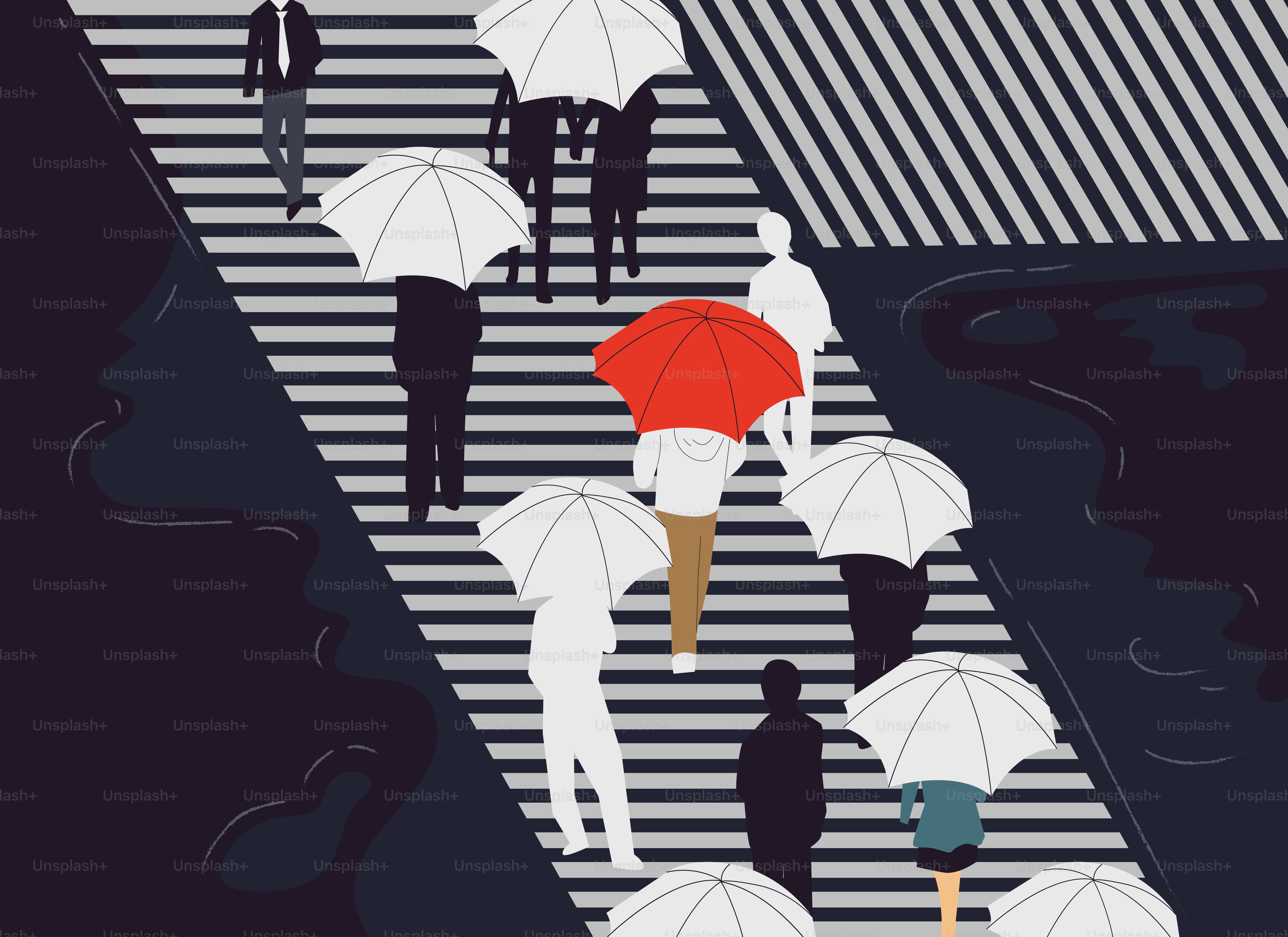 People with umbrellas cross a wet, striped street.