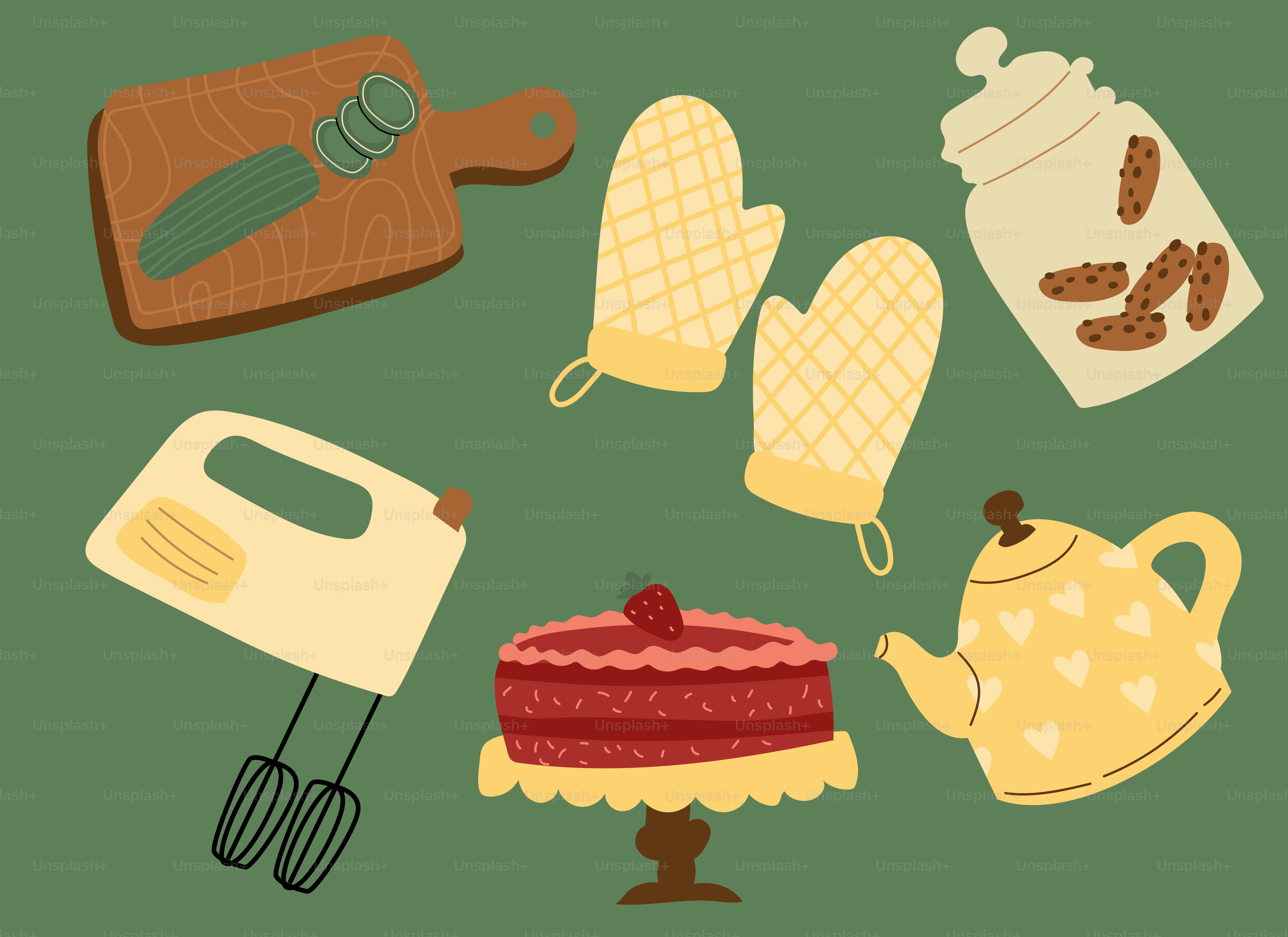 Cosas esenciales para repostería con tarta, galletas y una tetera.