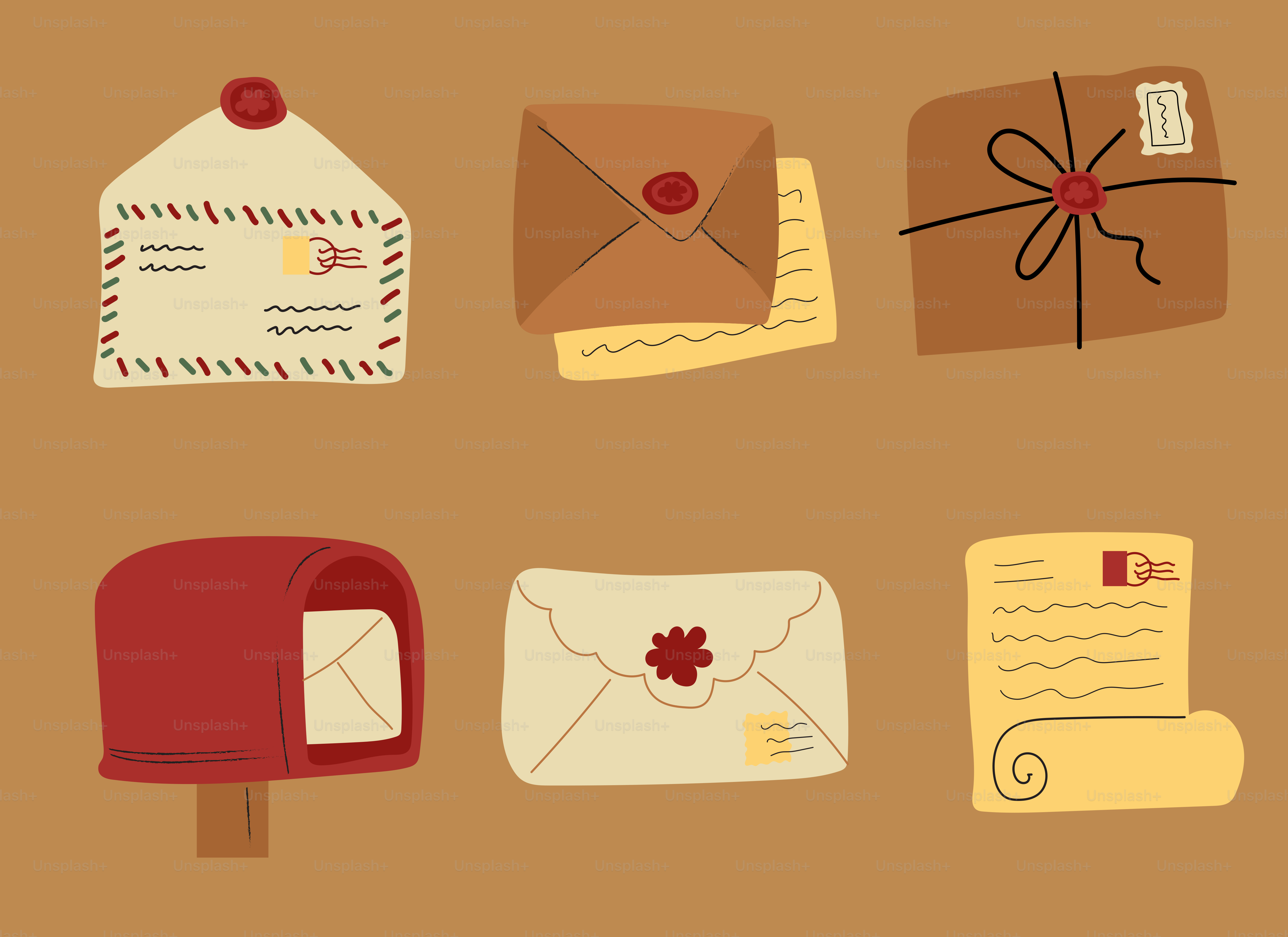 Various letters, envelopes, and a mailbox are depicted.