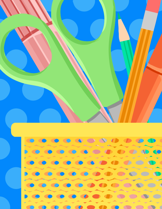 Stationery and supplies in a yellow cup.