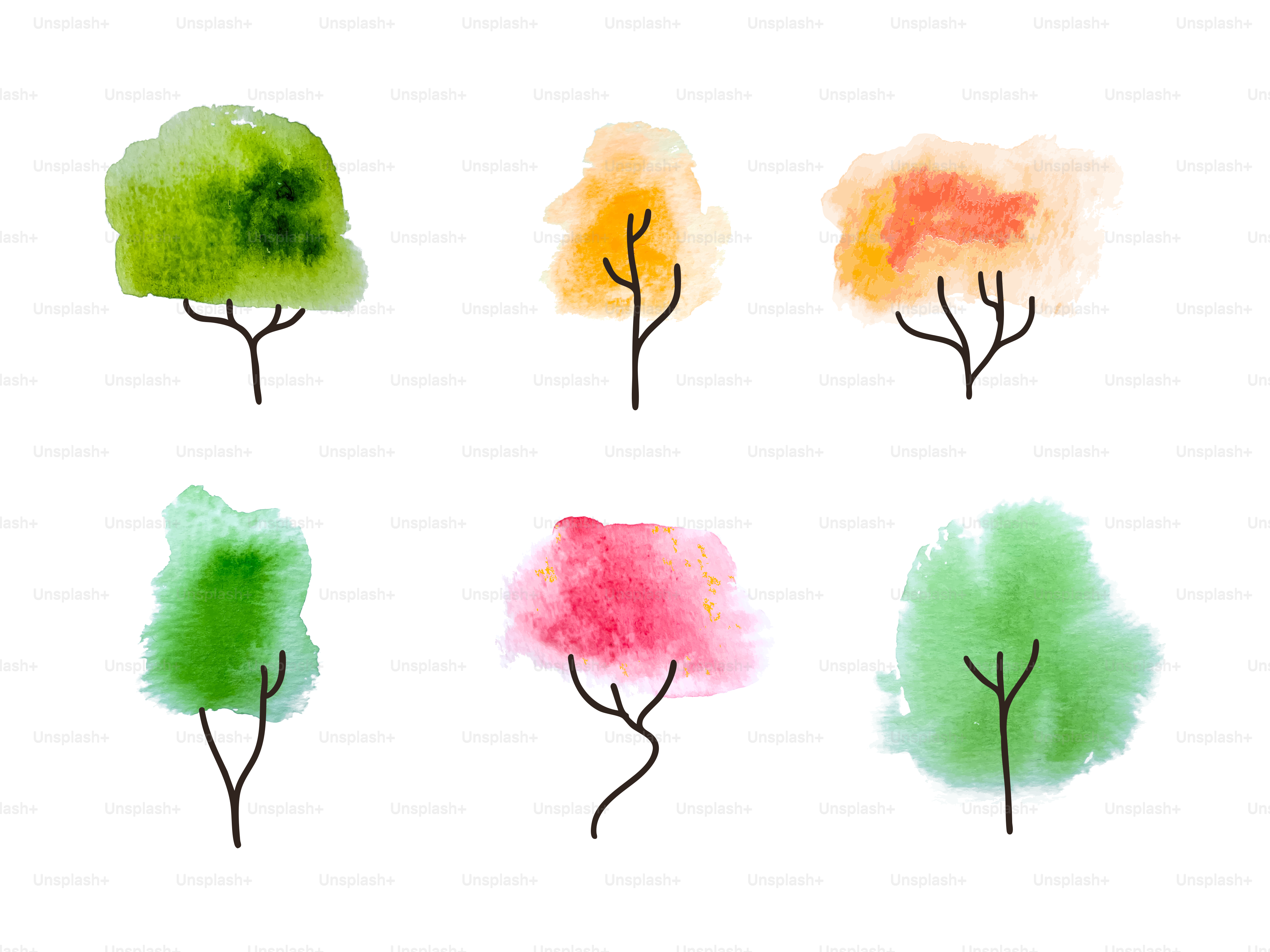 Arbres à l’aquarelle de différentes couleurs.