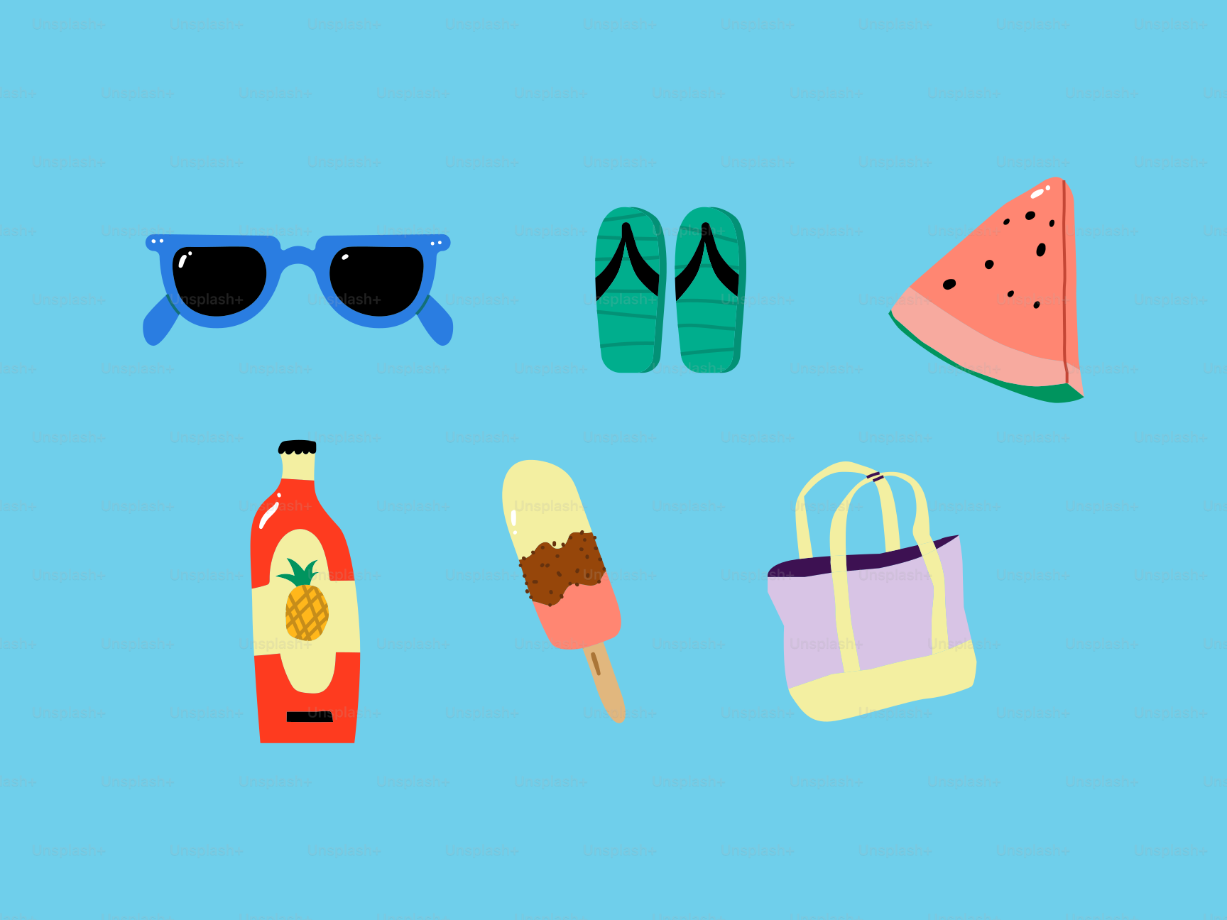 Summer essentials: sunglasses, flip-flops, watermelon, and more!