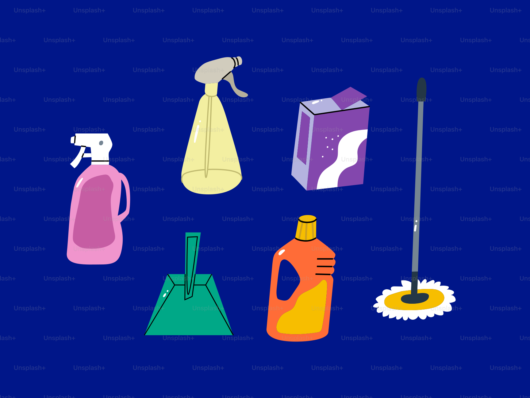Cleaning supplies are arranged on a blue background.