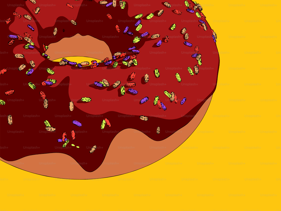 A sprinkled donut lies against a yellow background.