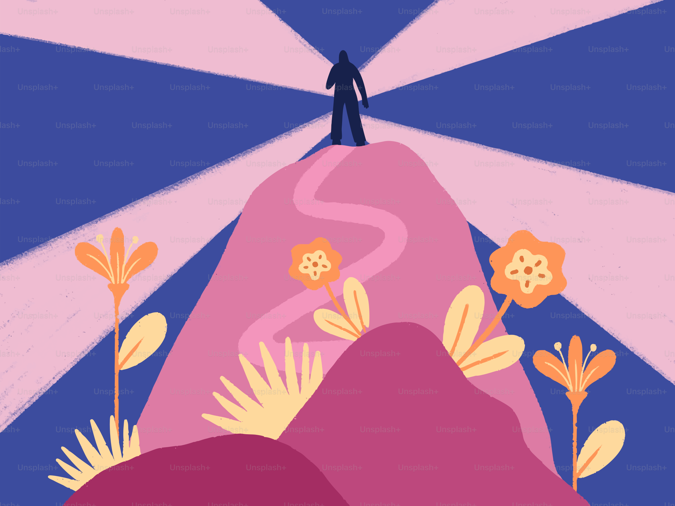 A person stands atop a mountain, seeking light.