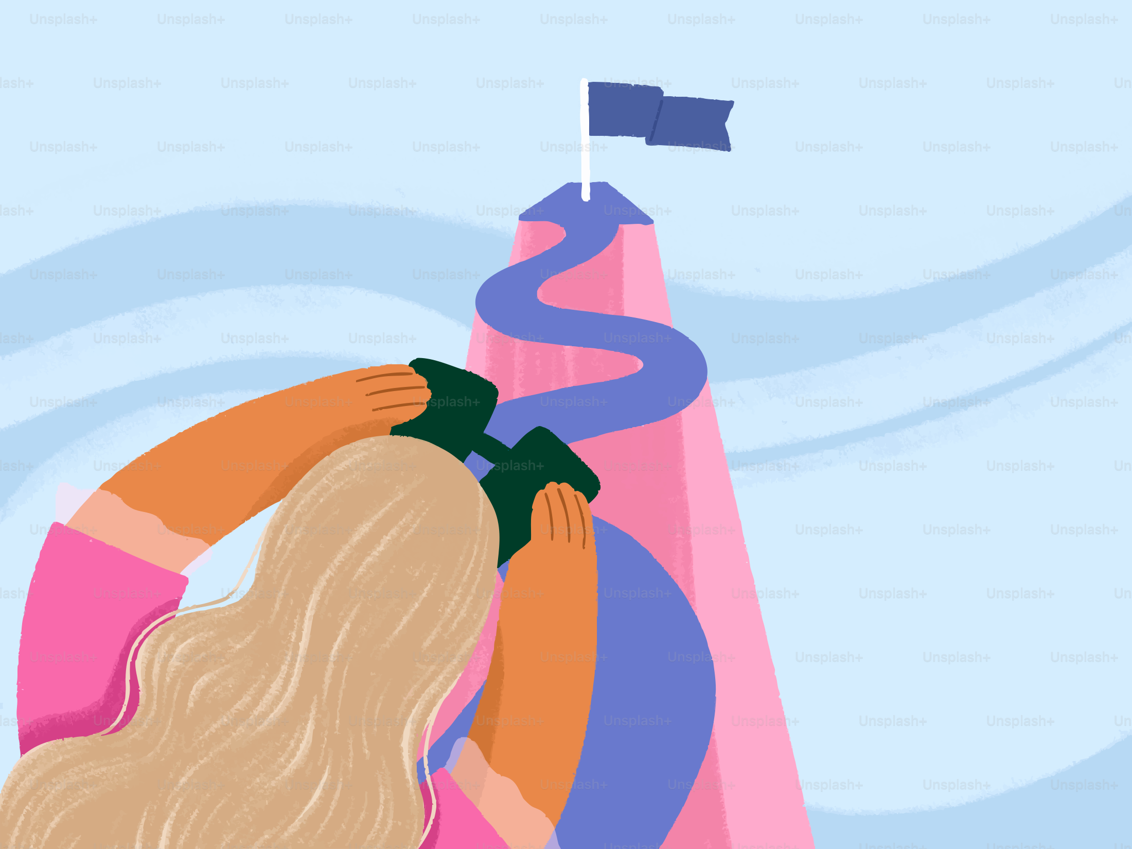 Woman using binoculars to spot a flag on a mountain.