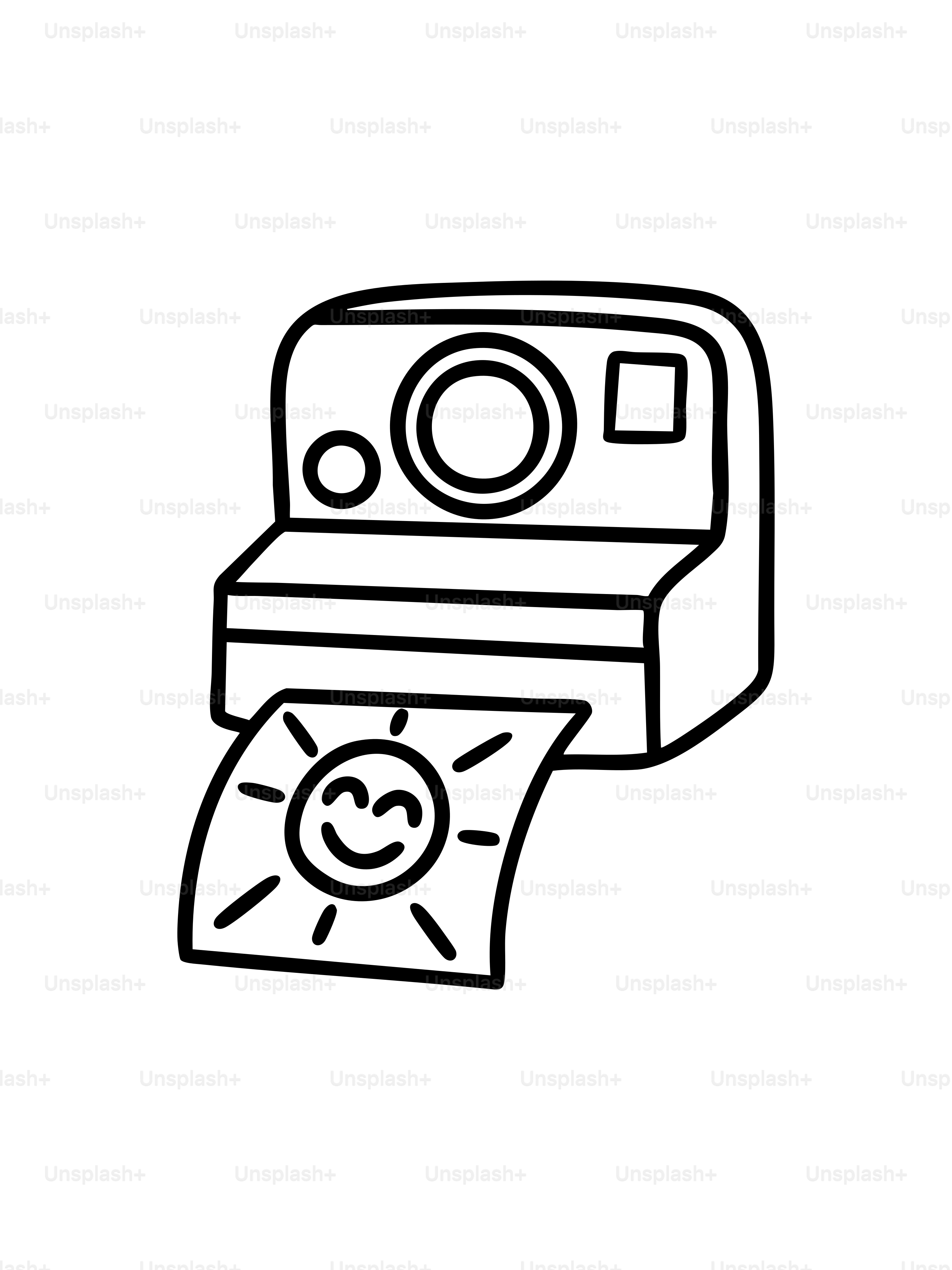 A polaroid camera printing a happy sun image.
