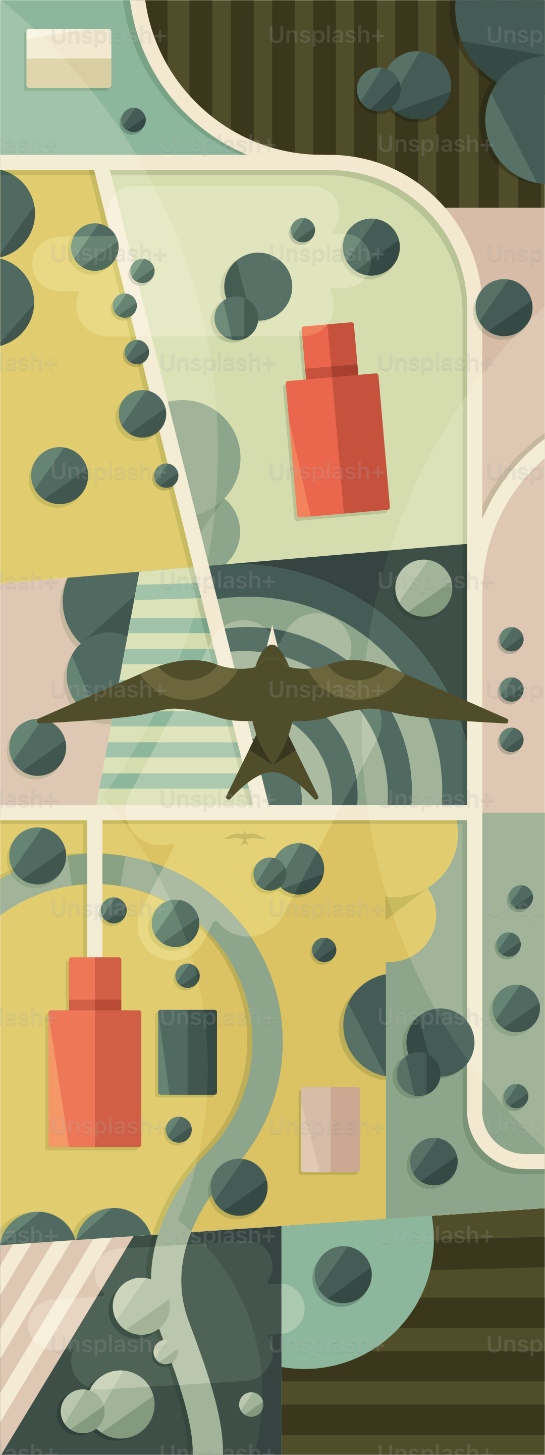 Un uccello vola sopra elementi astratti del paesaggio.