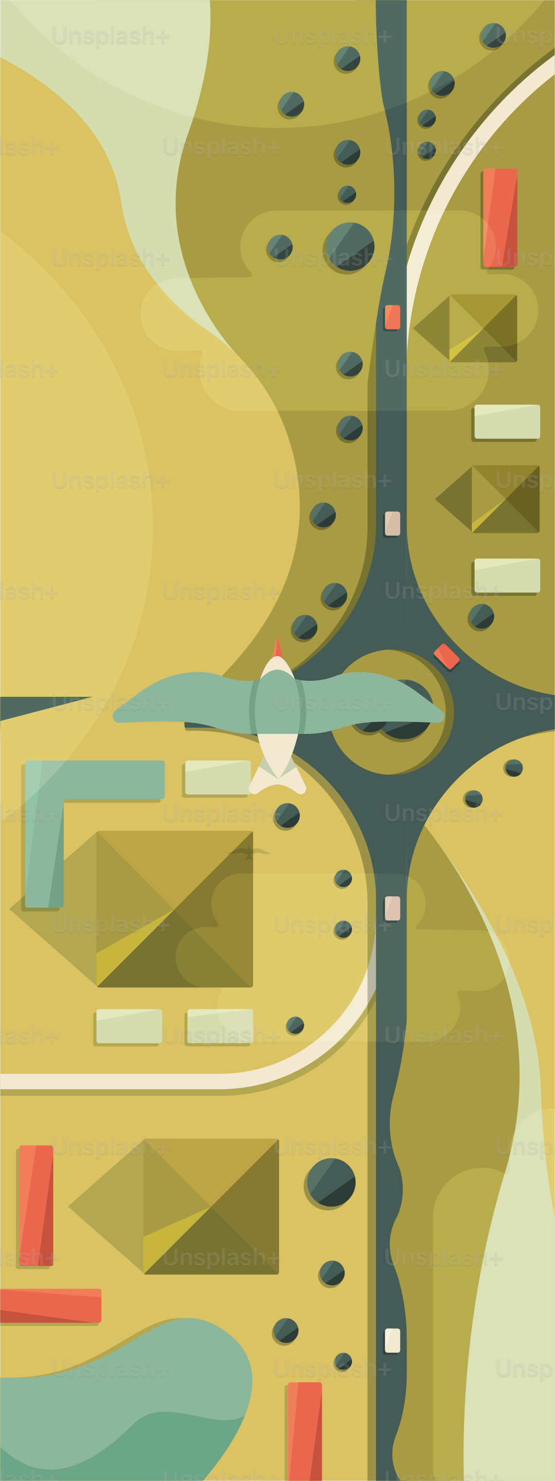 Un uccello vola sopra un paesaggio urbano stilizzato.