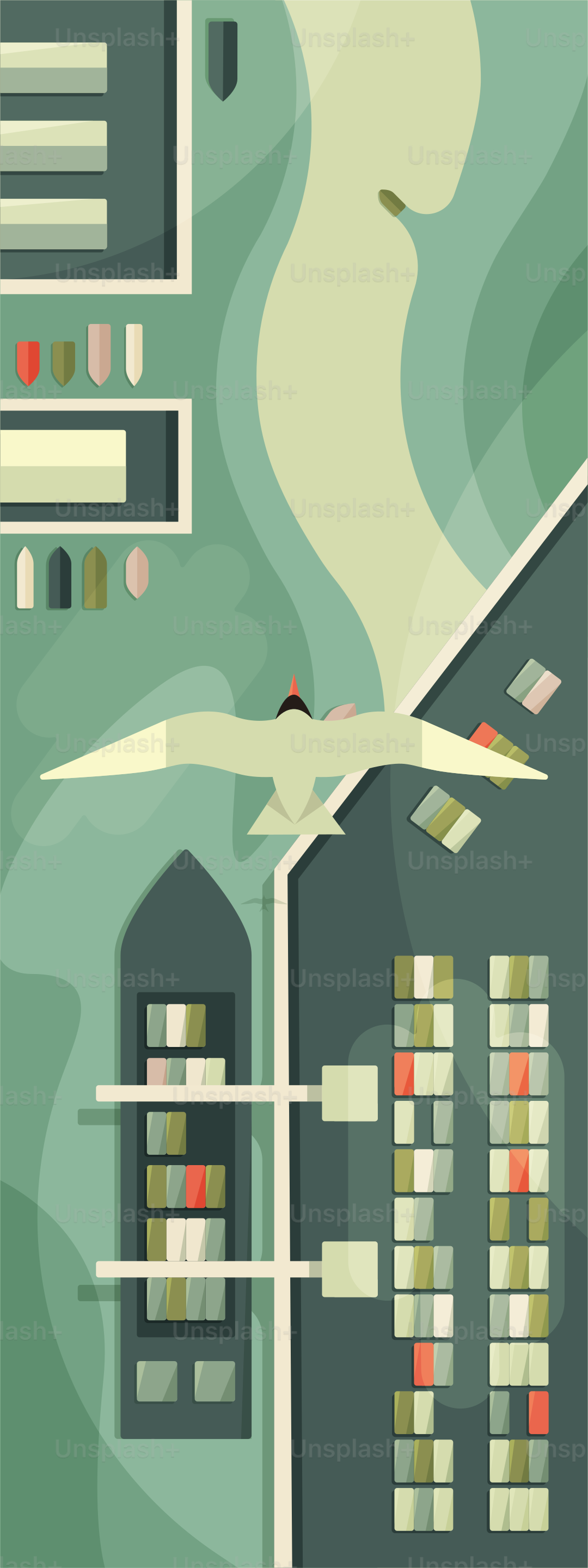 A bird flies over buildings and a body of water.