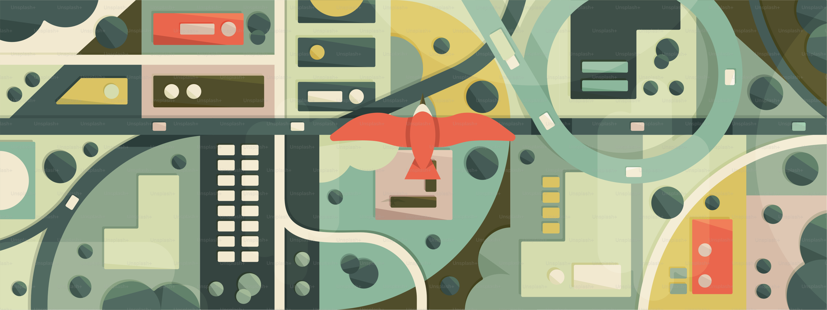 A bird flies over a colorful cityscape.