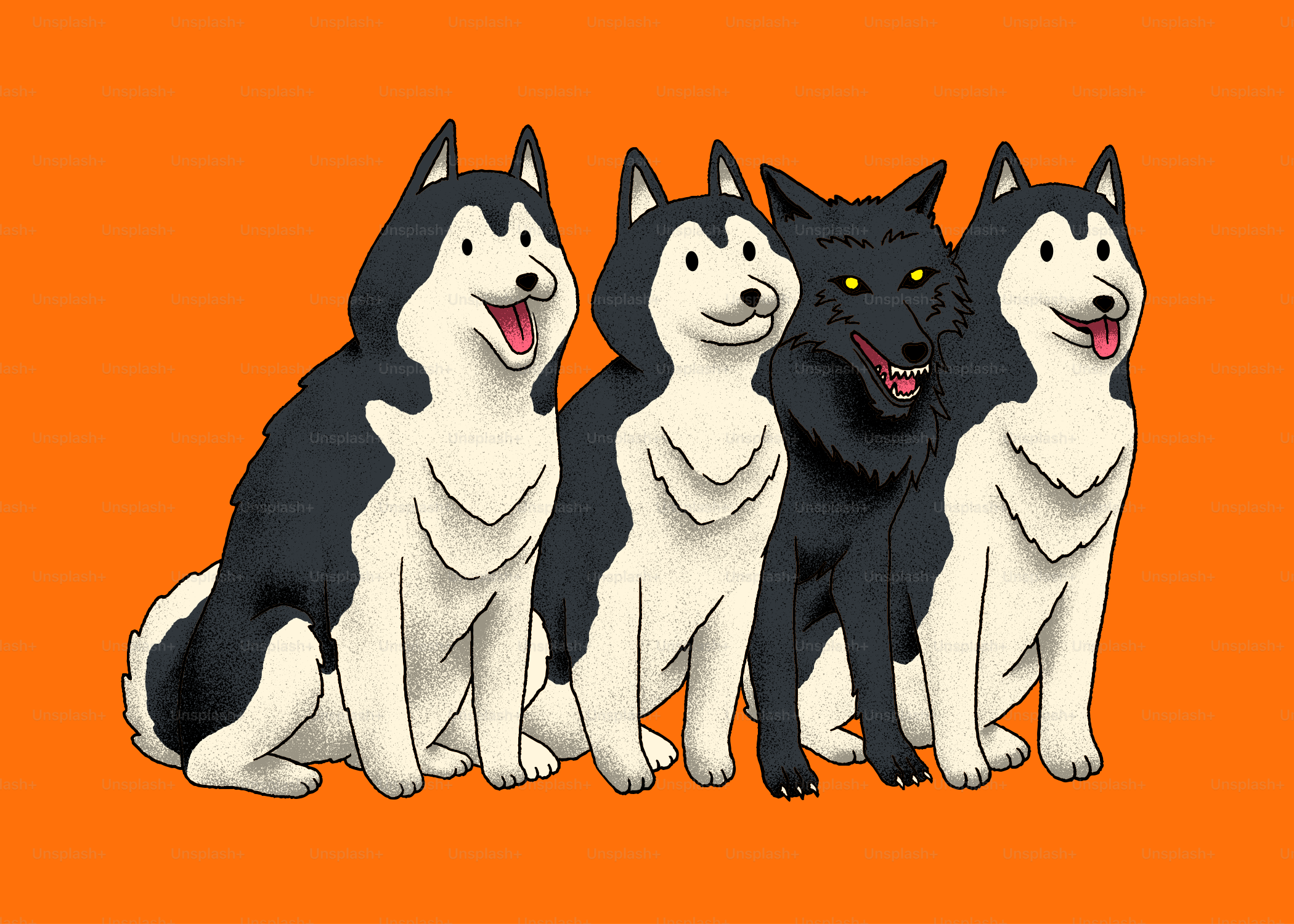 Quatro huskies e um lobo preto sentam-se juntos.