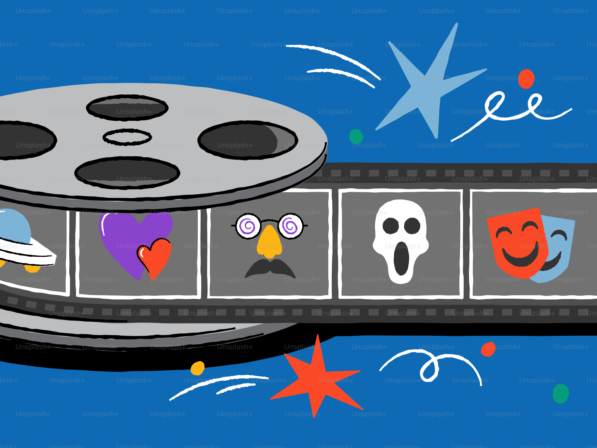 Une bobine de film avec des icônes du genre cinématographique.