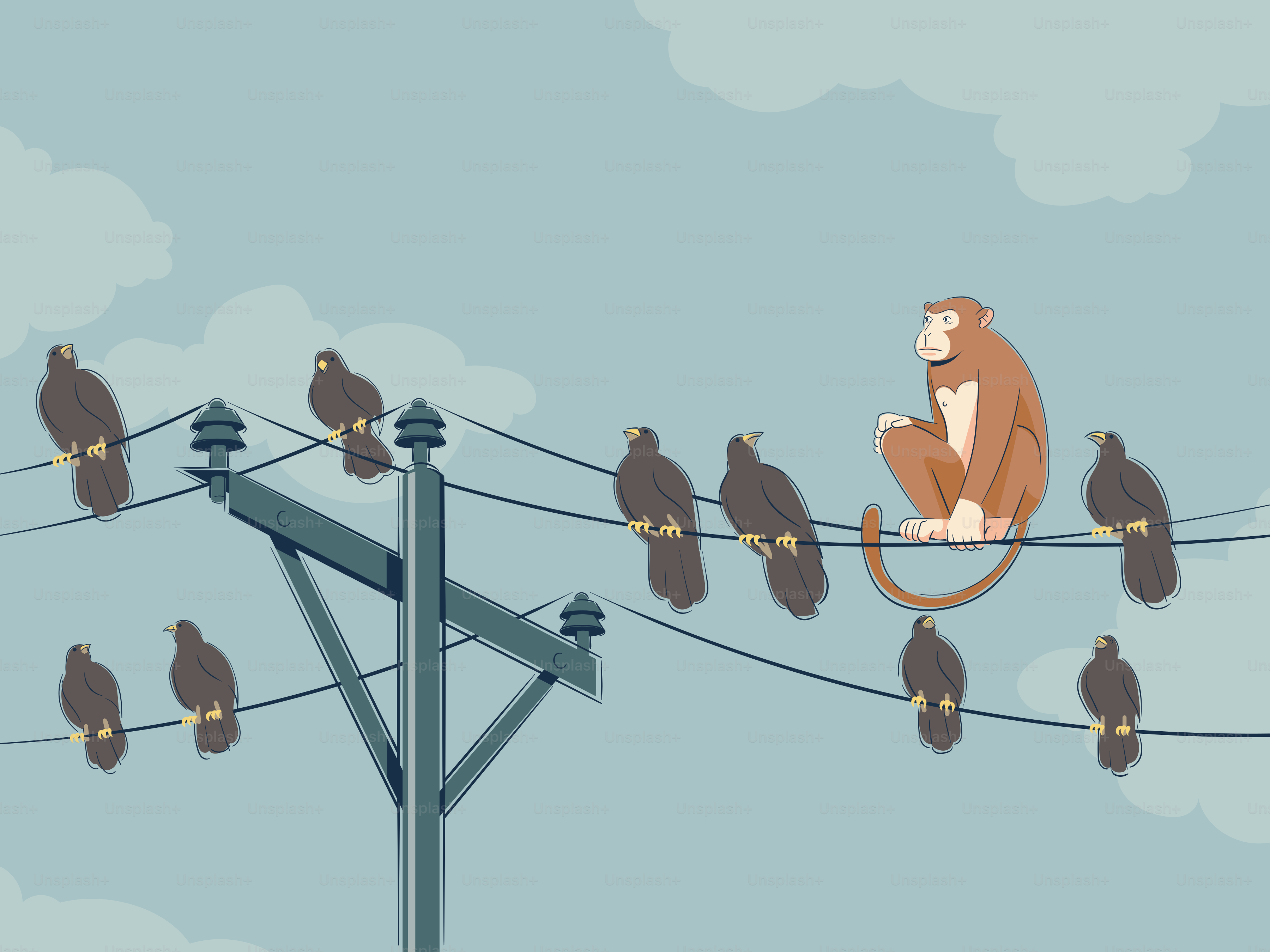 Monkey hangs out with the birds on power lines.