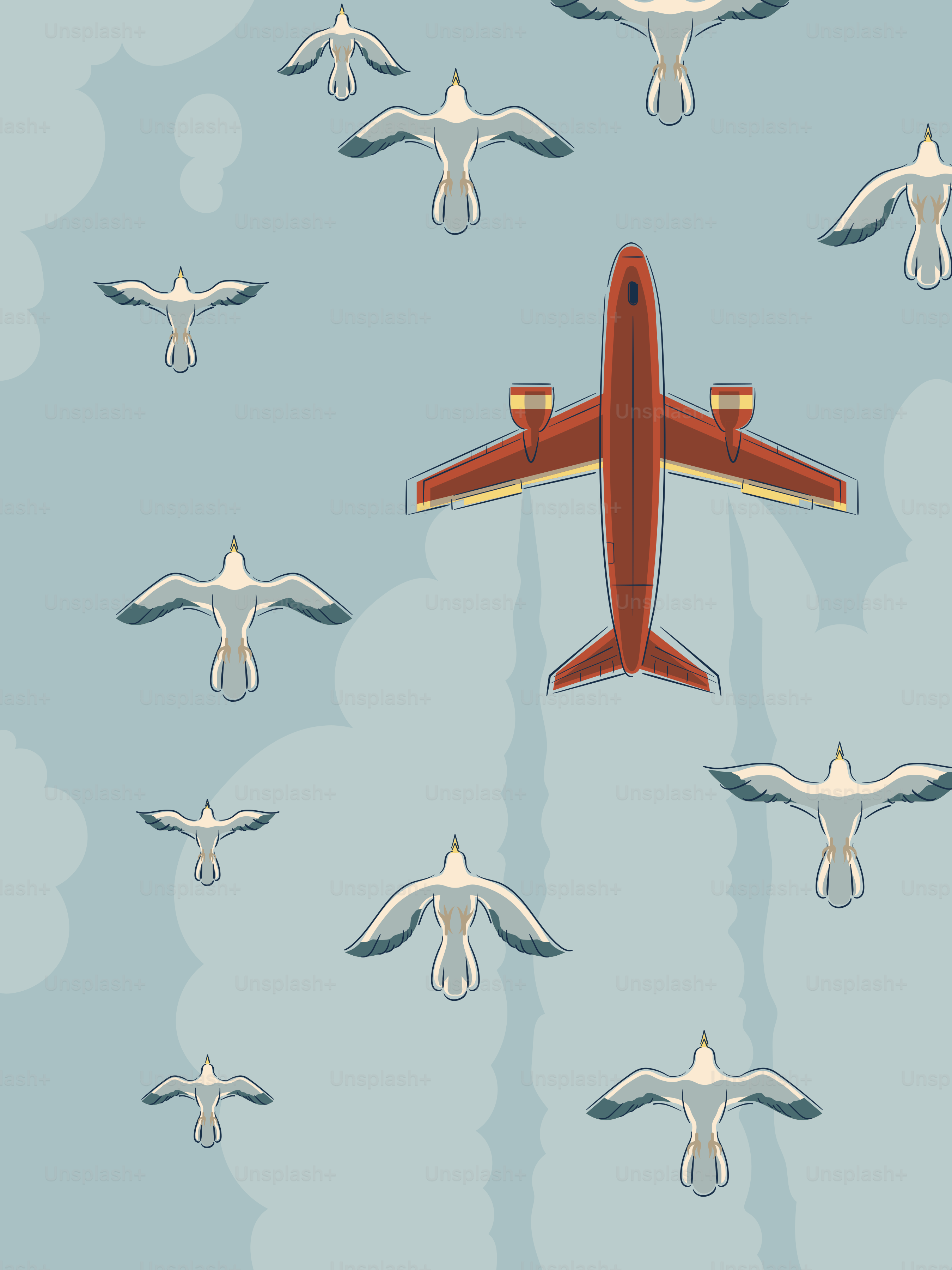 An airplane flies among the seagulls.